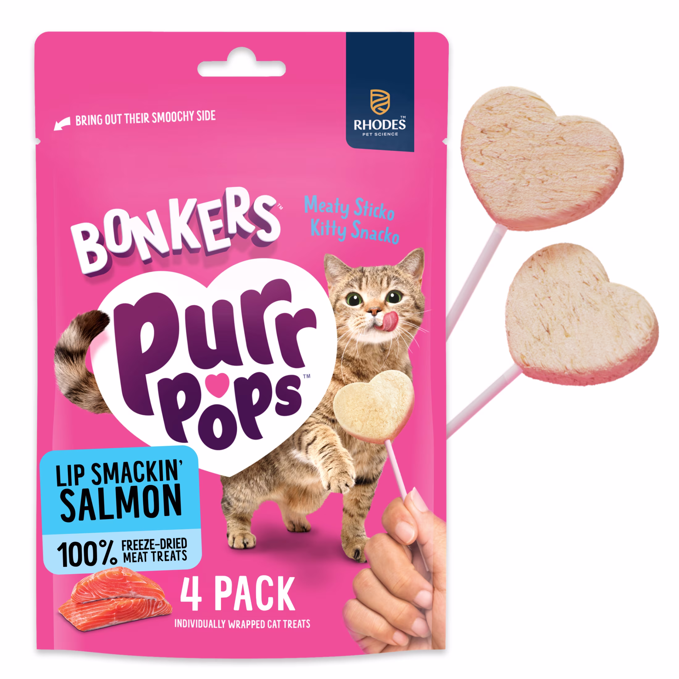 (4 pack) BONKERS Purrpops, Freeze Dried Salmon Flavored Lollipop Cat Treats, 4 Pieces