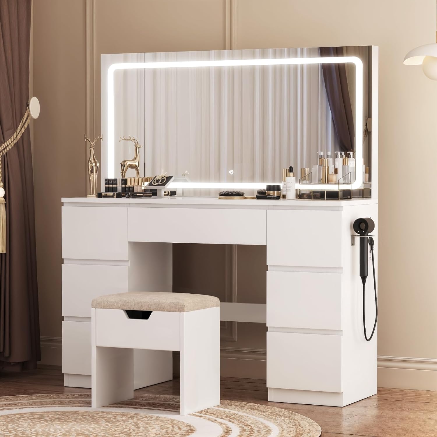 Coiffeuse miroir LED 115 x 60 cm tabouret inclus 7 tiroirs station recharge éclairage réglable blanc