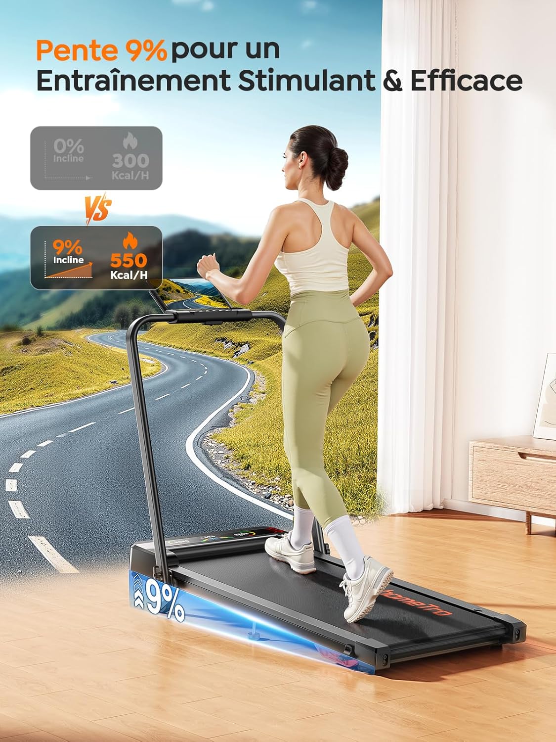 Tapis de course pliable 5 en 1 LED inclinable 9% moteur silencieux double écran 1 à 12 km/h compact maison bureau 120 kg