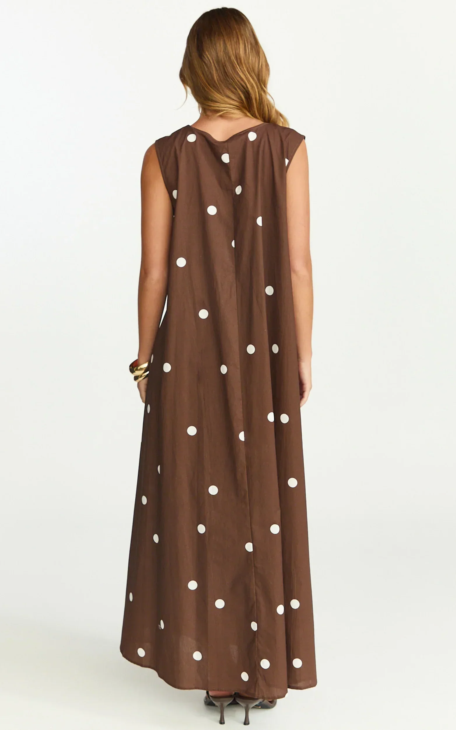 Simone Maxi Dress - U Halter Neck Linen Polkadot Dress in Chocolate