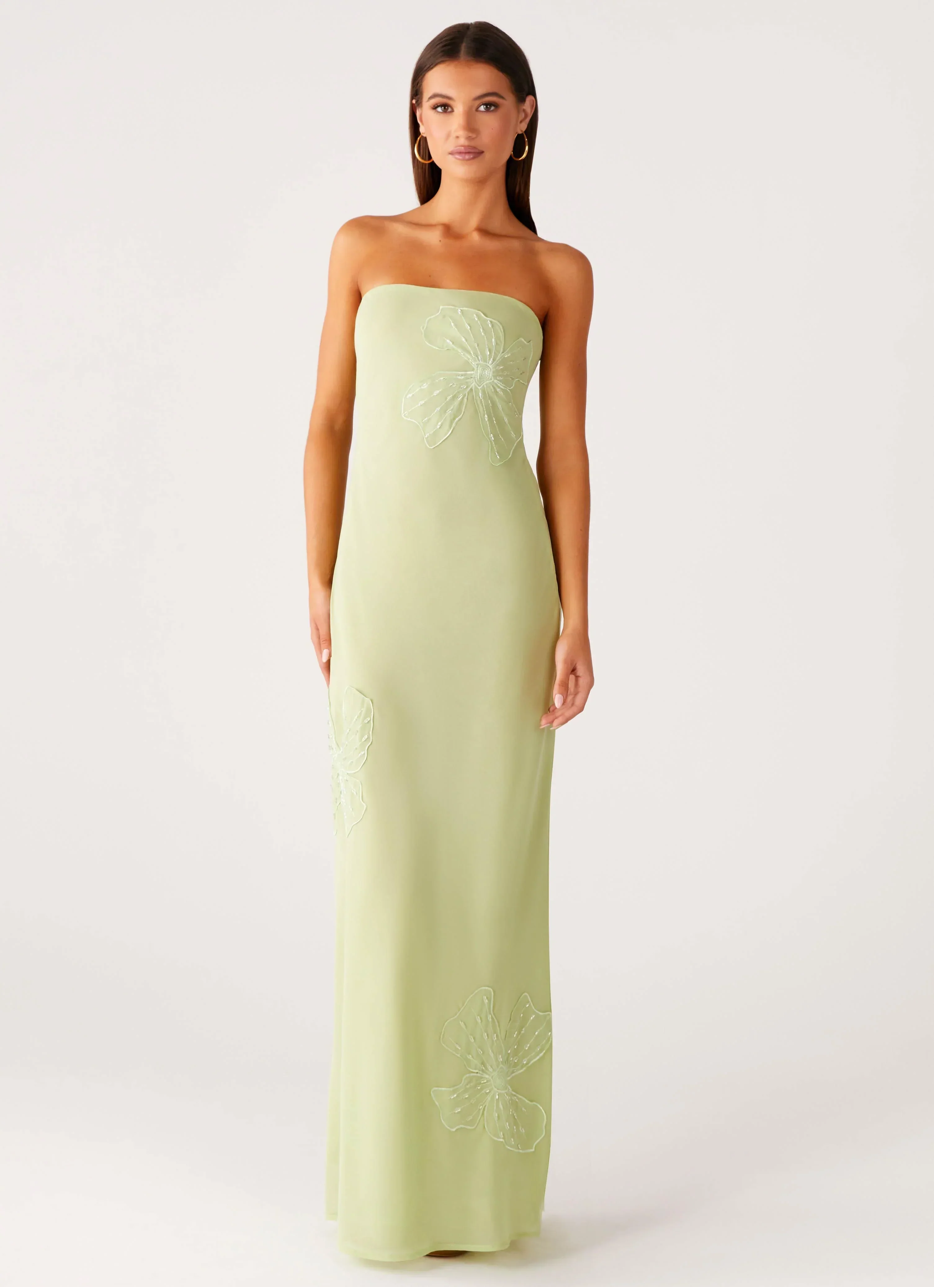 Sassafras Beaded Flower Strapless Maxi Dress - Lime