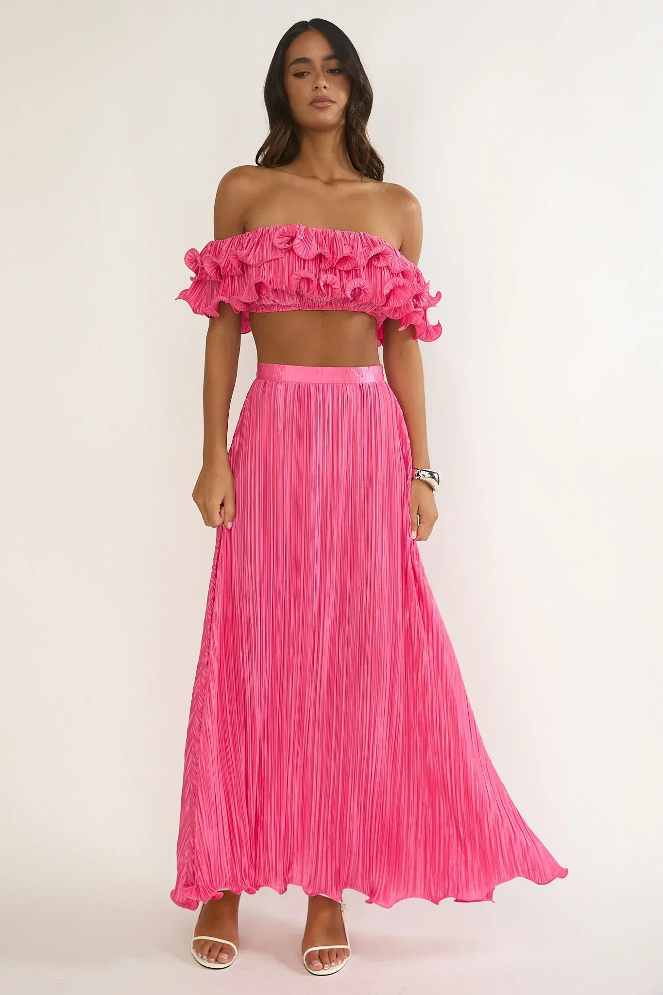 Amaria Off-Shoulder Lettuce Edge Crop Top Hot Pink