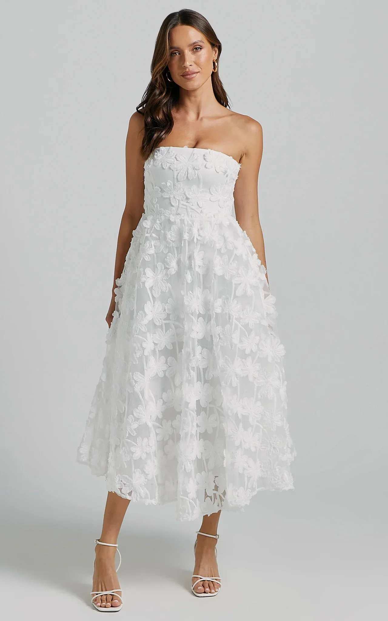Rheiva Midi Dress - Strapless 3D Embroidery Midi Dress in White