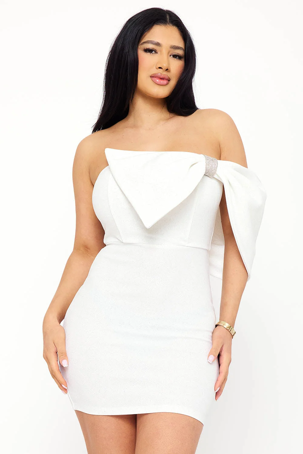 Symphony Dress - Glitter With Large Bow On One Shoulder Mini Dress