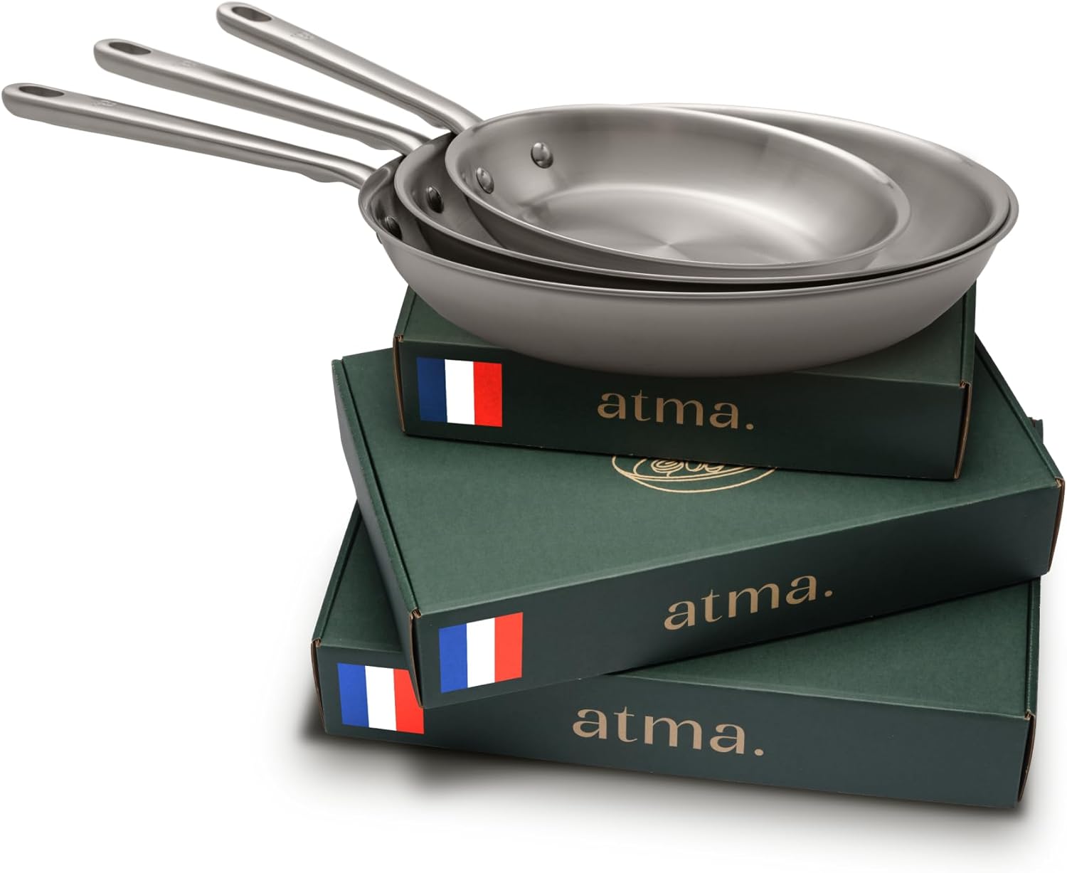 Set 3 poêles inox induction 20 26 28 cm manches rivetés sans PFAS