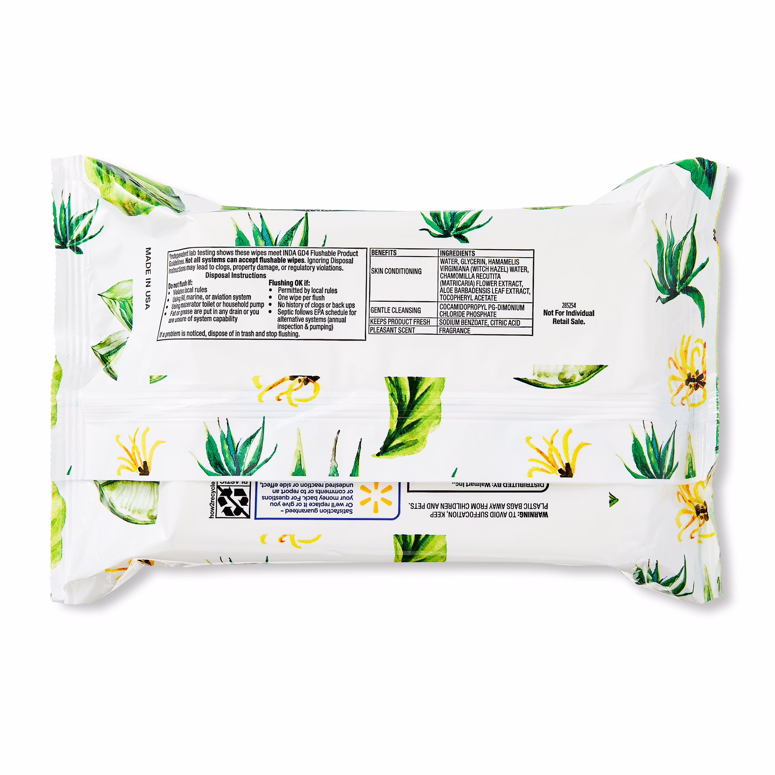 Equate Flushable Wet Wipes, Witch Hazel & Aloe, 96 Wipes, 2 Pack