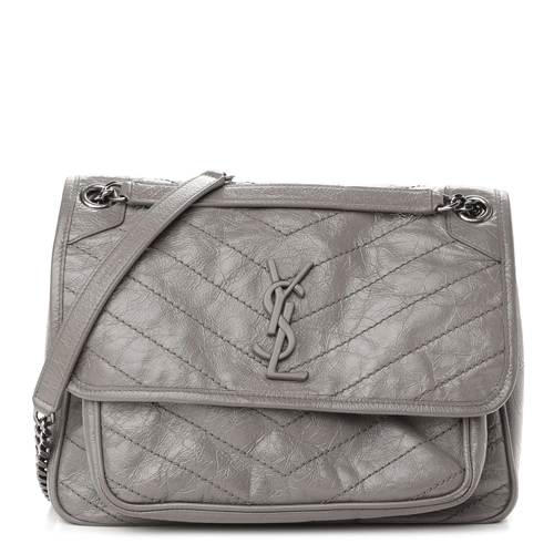 SAINT LAURENT Crinkled Calfskin Matelasse Monogram Medium Niki Chain Satchel grey