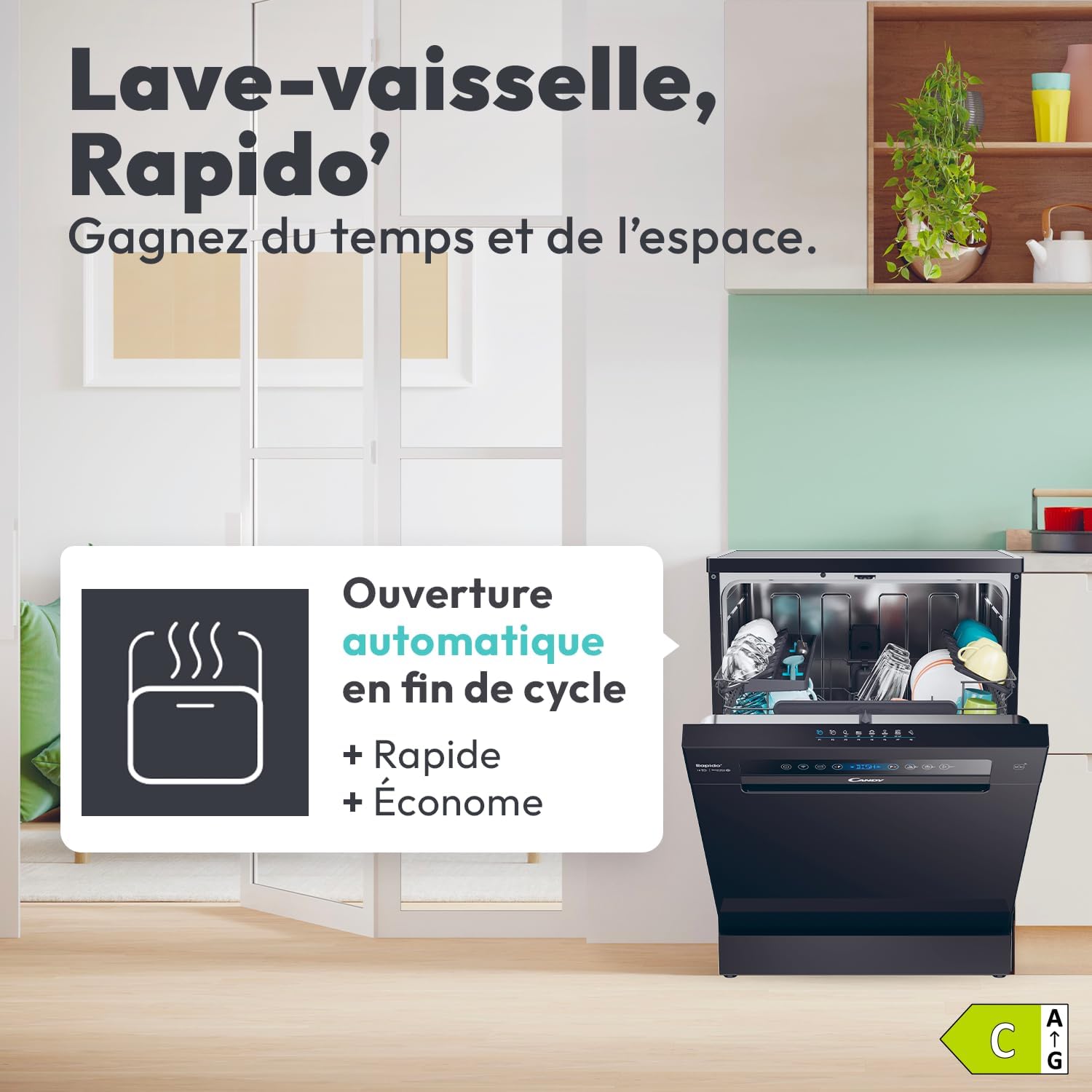 Lave vaisselle pose libre 15 couverts classe C maxi cuve wash dry 35 min ouverture auto contrôle distance noir