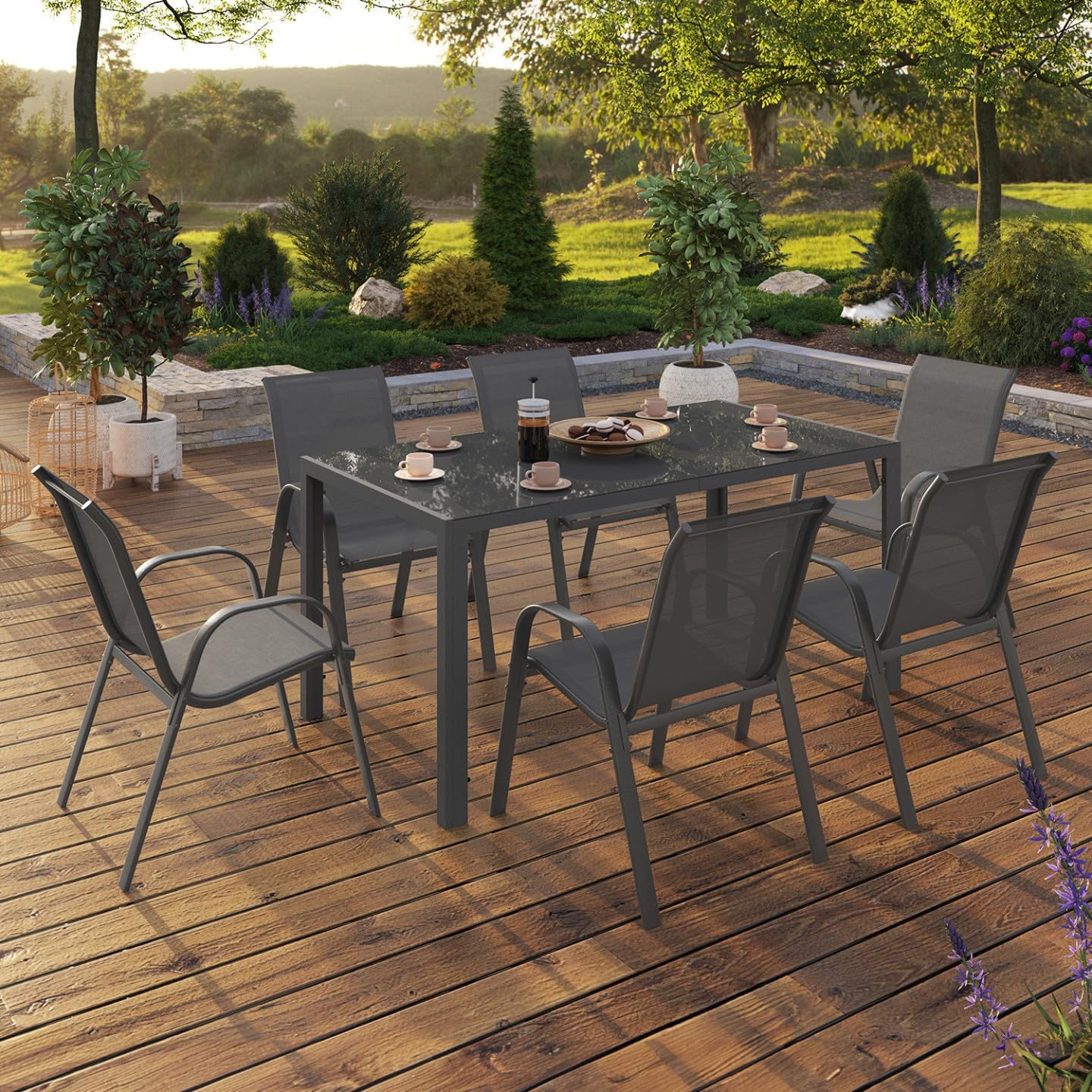 Salon jardin Madrid table 150 cm 6 chaises empilables gris anthracite