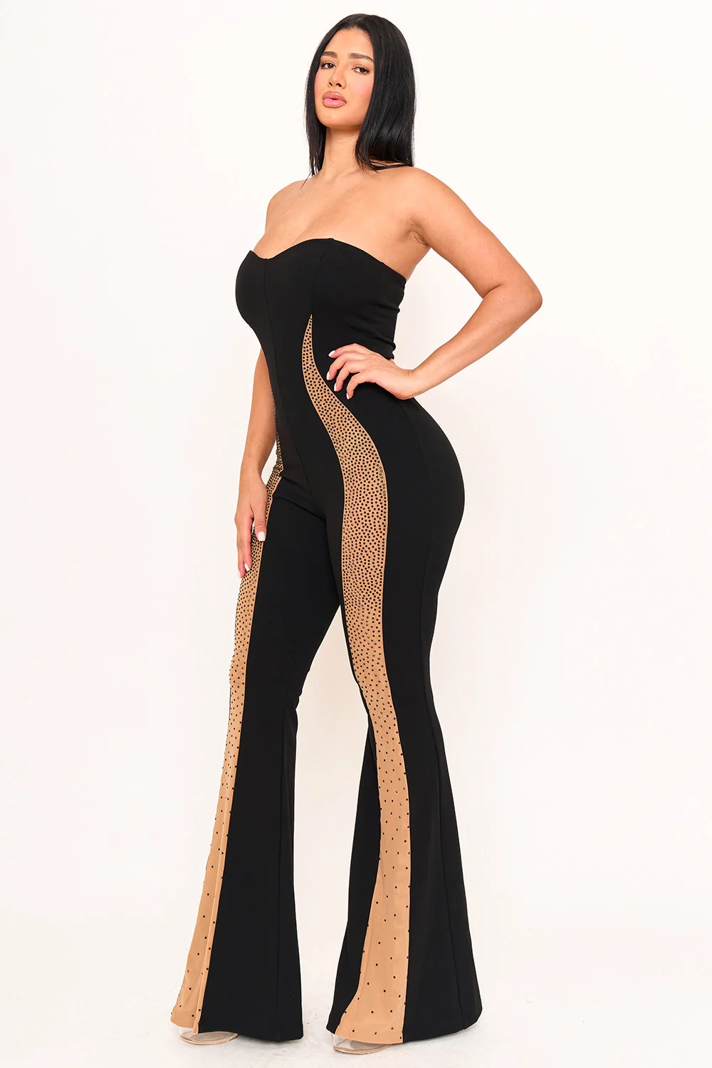 Symphony Jumpsuit - Gradation Rhinestone On Mesh Paneled Jumpsuit