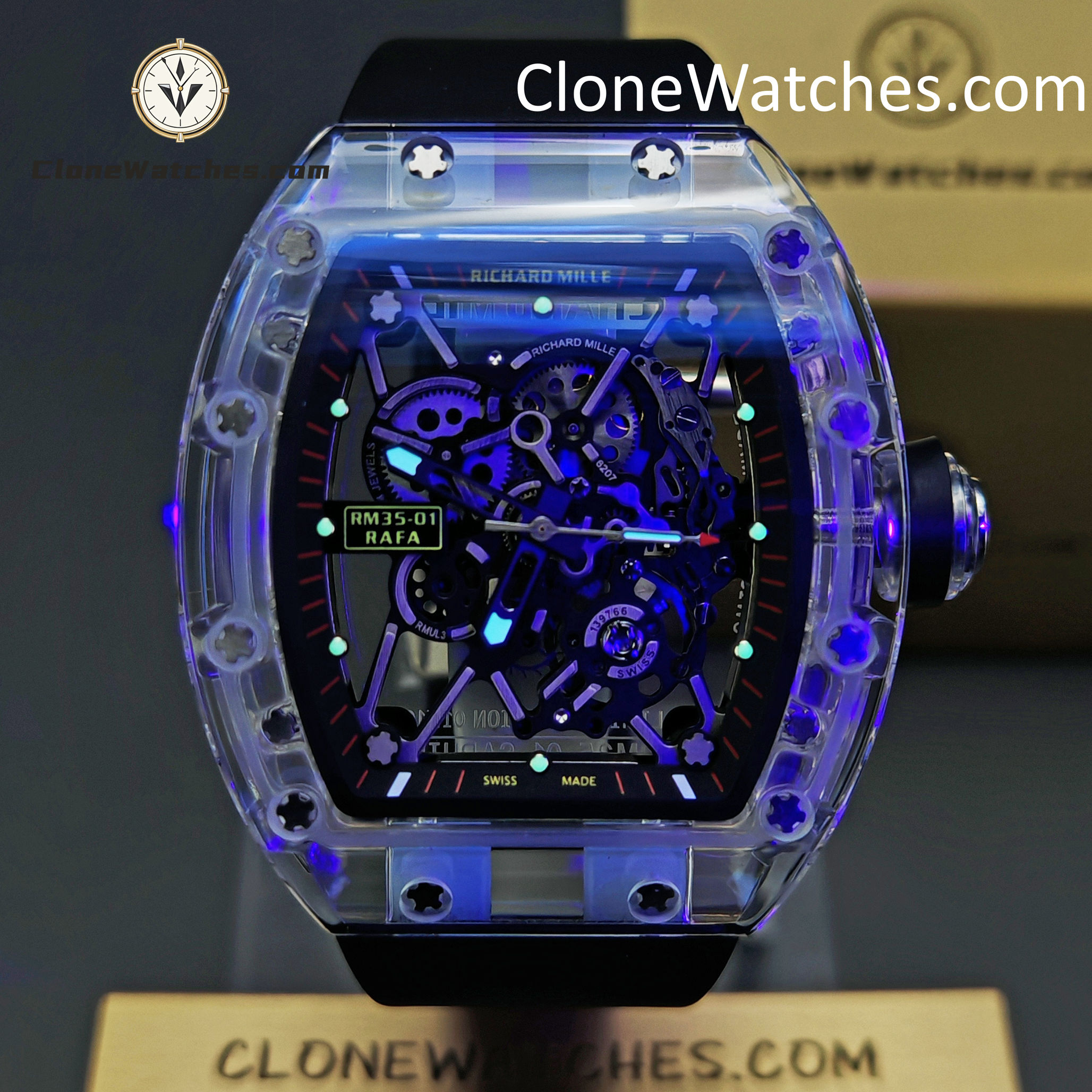 Richard Mille Super Clone Watches 1:1 RM 035 Full Transparent Tourbillon Black Strap