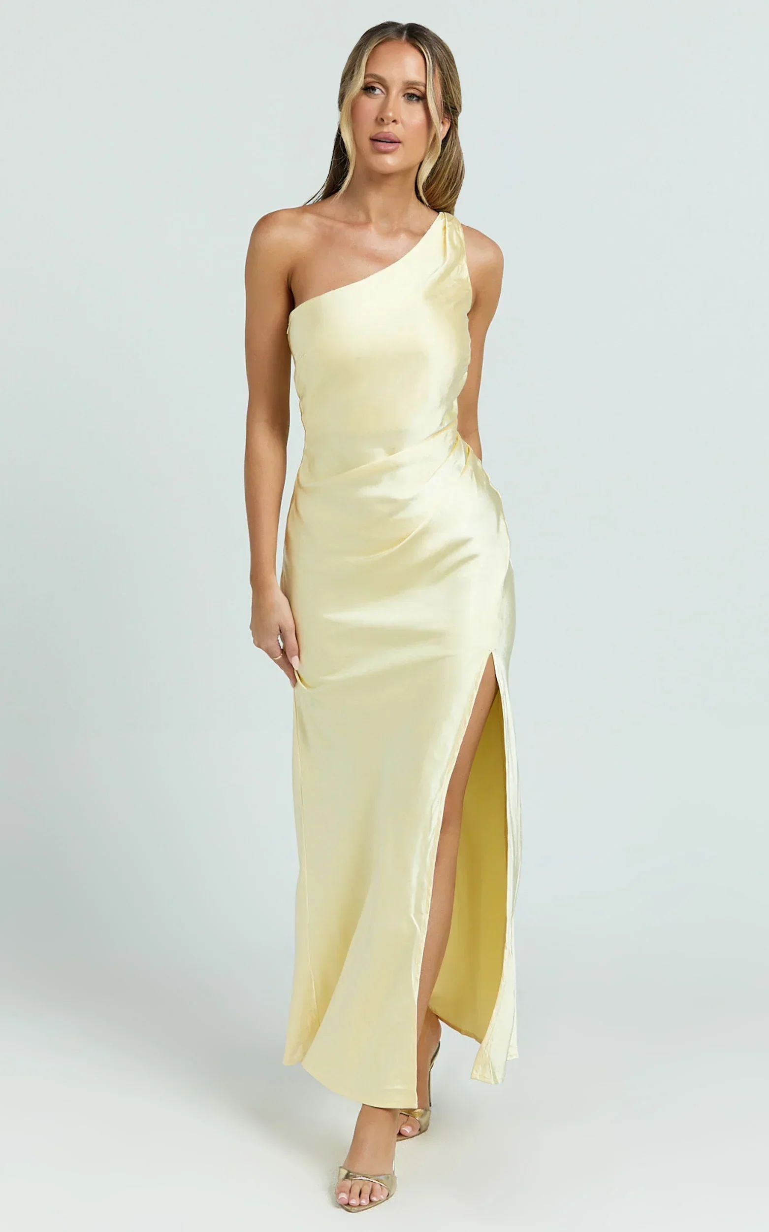 Isla Maxi Dress - Satin One Shoulder Side Split Dress in Lemon