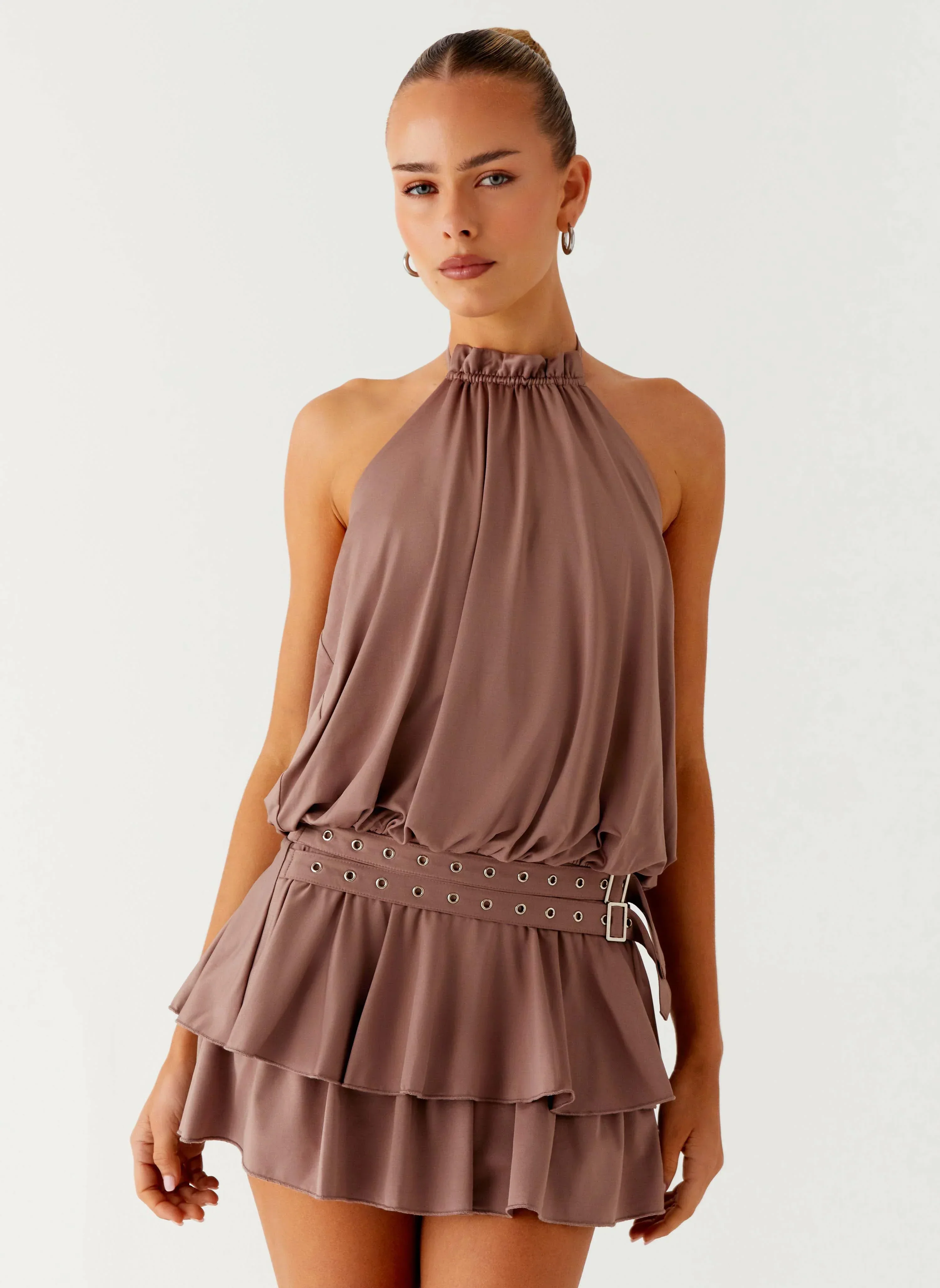 Dopamine Belt Mini Dress - Taupe