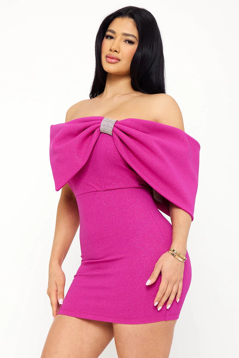 Symphony Dress - Glitter With Large Bow On One Shoulder Mini Dress