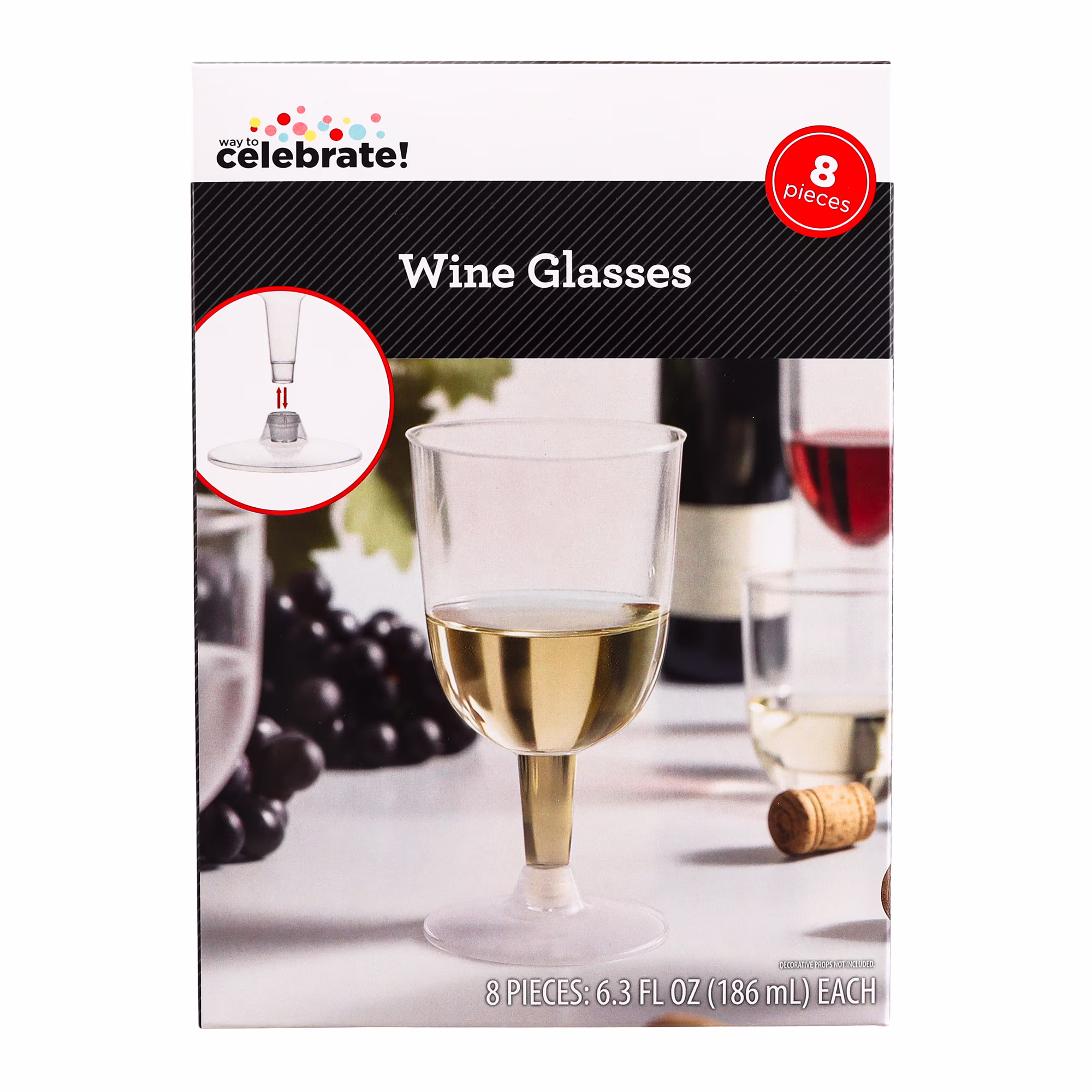 Way To Celebrate Clear Plastic Wine Glasses, 8 Count, 6.3 fl oz, 4.84 in x 2.64 in