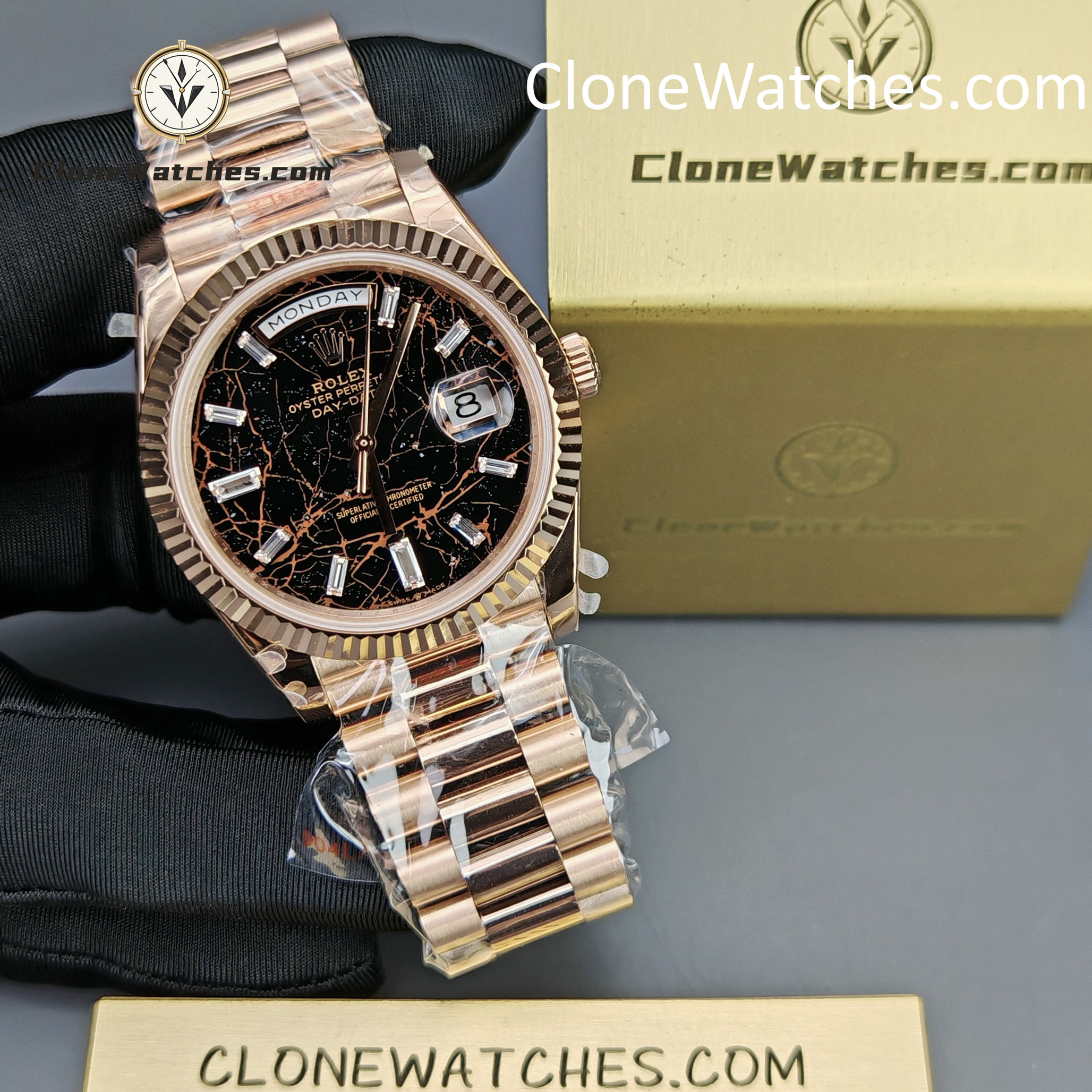 Rolex Super Clone Watches 1:1 Day Date 18K Rose Gold Black Diamond Dial 40mm m228235-0045 3255 Movement