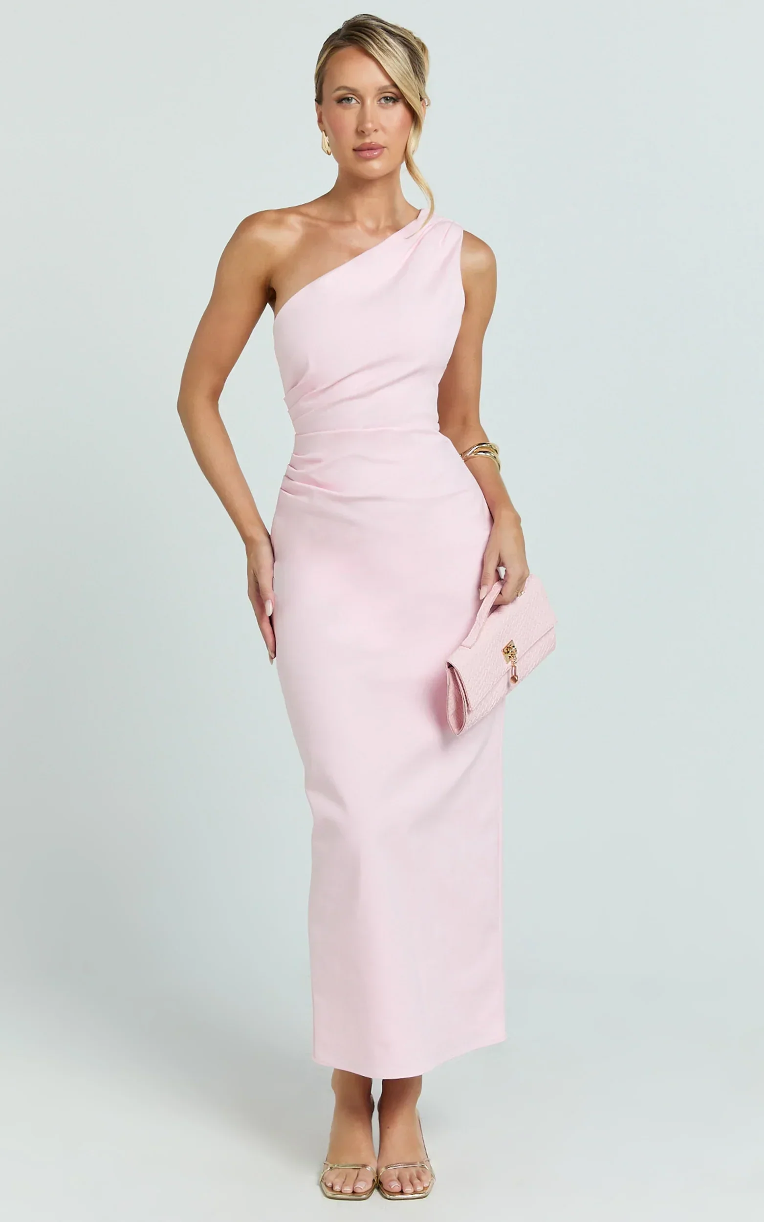 Karlie Midi Dress - One Shoulder Fitted Dress in Pink
