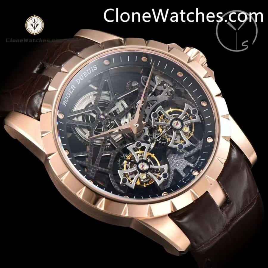 Roger Dubuis Super Clone Watches 1:1 Excalibur Rose Gold Skeleton Double Flying Tourbillon RDDBEX0395 45MM