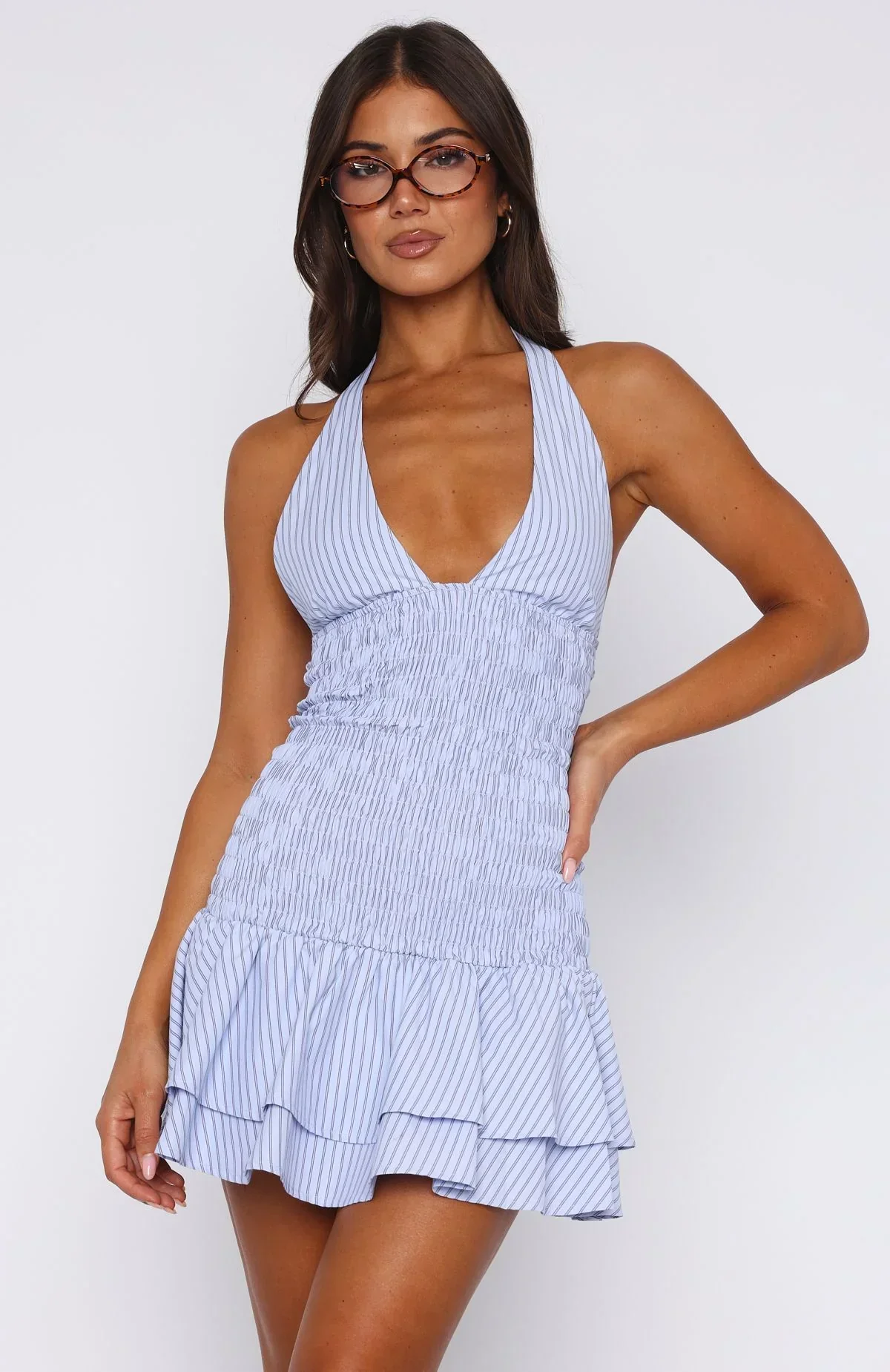 Doll Baby Shirred Mini Dress Sky Stripe