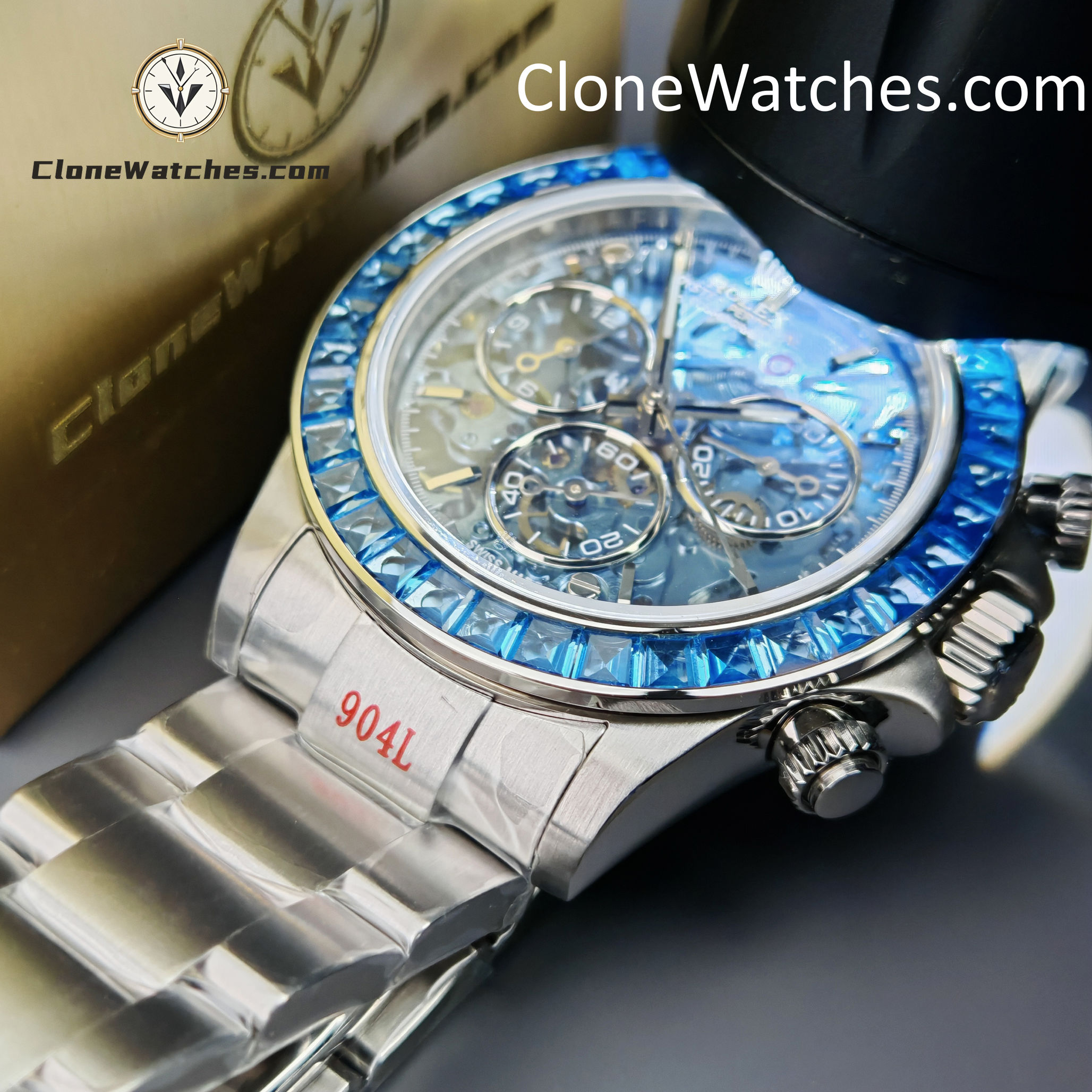Rolex Super Clone Watches 1:1 Daytona Arolla Blue Crystal Skeleton Dial Diamonds Bezel 4130 Movement