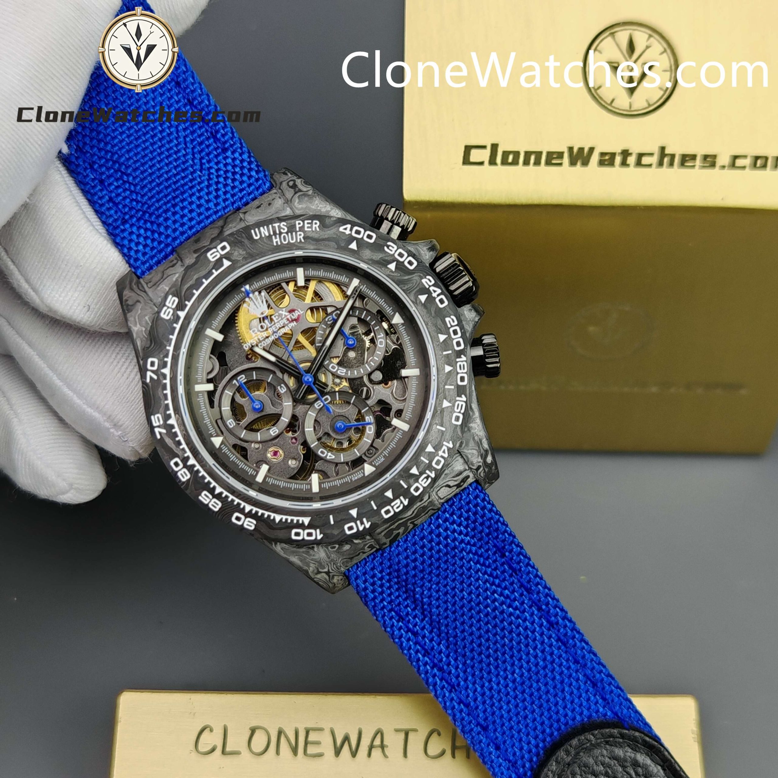 Modified Super Clone Watches 1:1 GET Rolex Daytona Skeleton Dial 4130 Movement Blue Strap