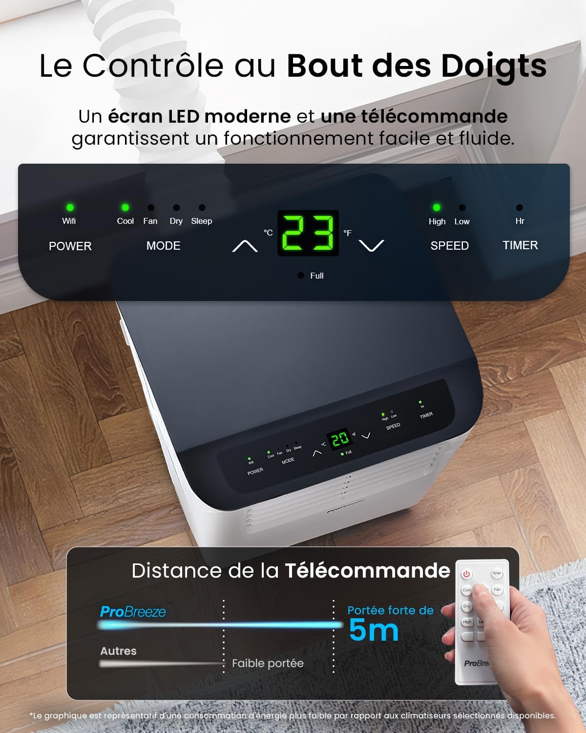Climatiseur mobile 9000 BTU 4 en 1 WiFi minuterie 24 h télécommande kit fenêtre 22 m² classe A