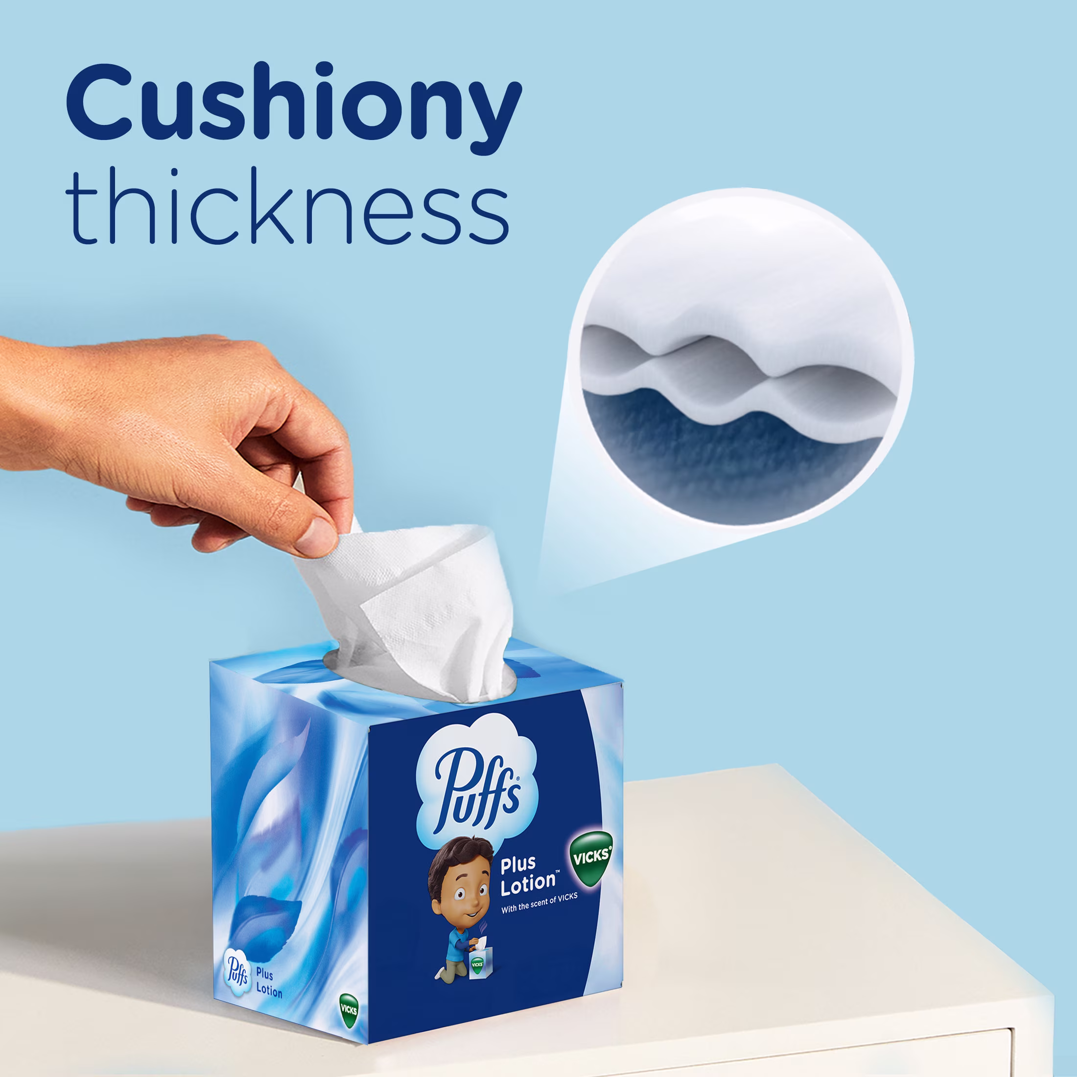 Puffs Facial Tissues Plus Lotion with the Scent of Vicks, 1 Cube Box, 48 Tissues Per Box