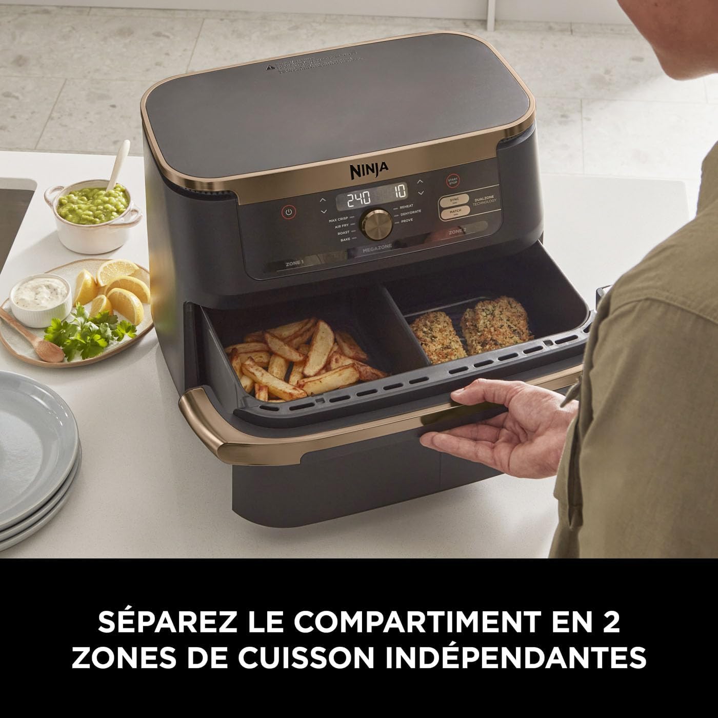 Friteuse air chaud Foodi FlexDrawer 104 L dual zone séparateur amovible 7 en 1 pièces antiadhésives lavables noir cuivre AF500EUCP