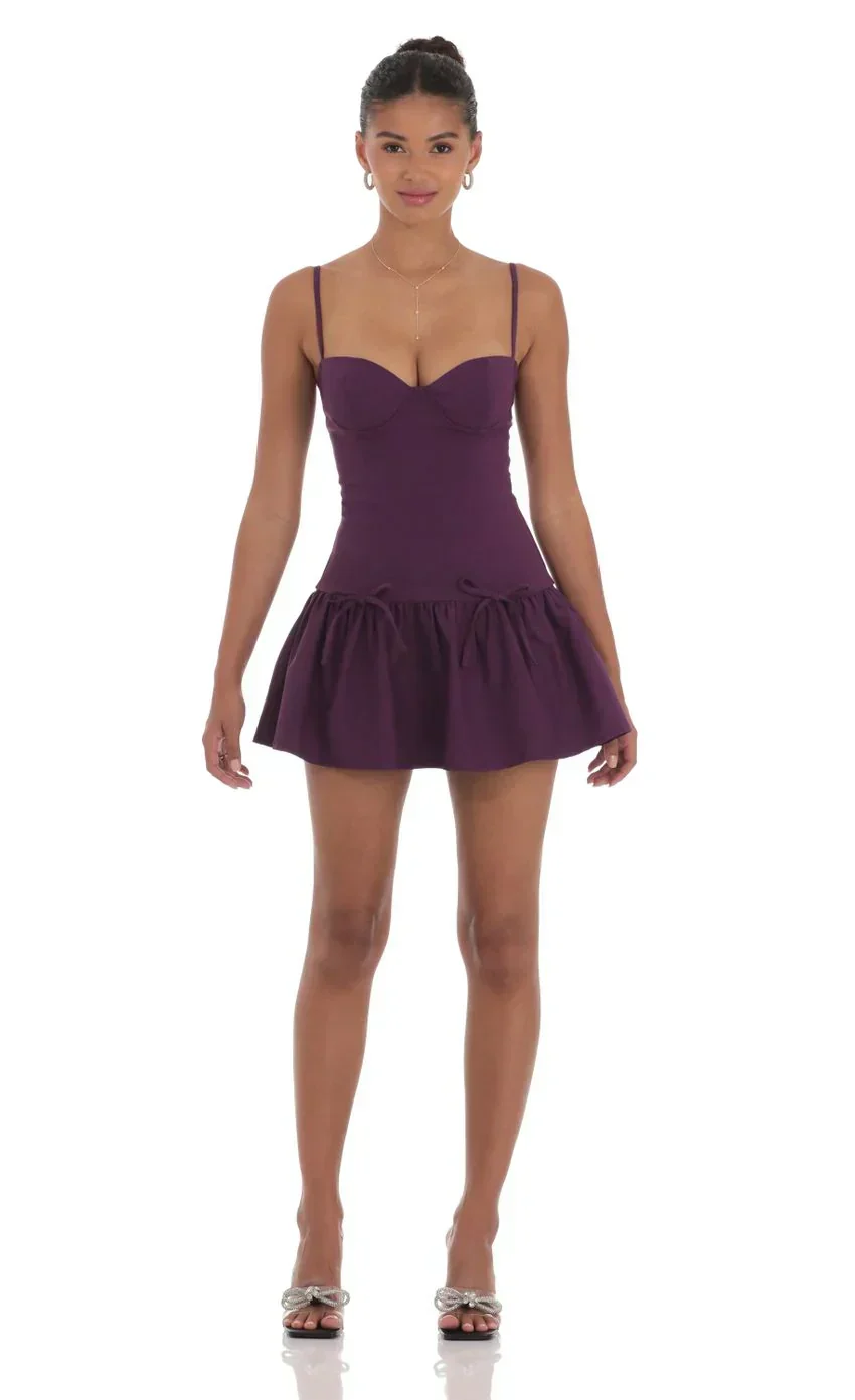 Double Bow Drop Waist Dress in Purple