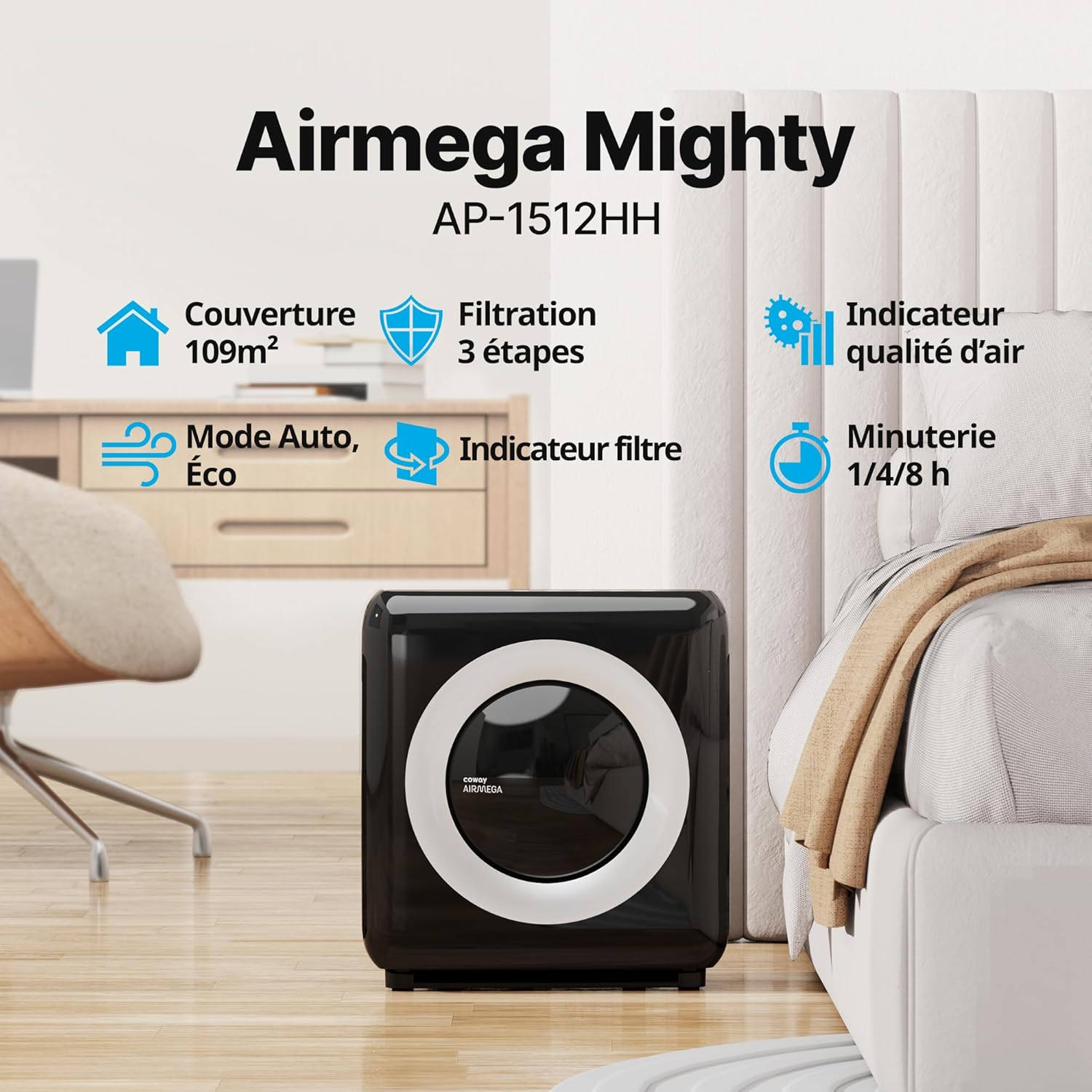 Purificateur air maison AP-1512HH mode éco ioniseur CADR 421 m3/h filtration particules 001 µm noir
