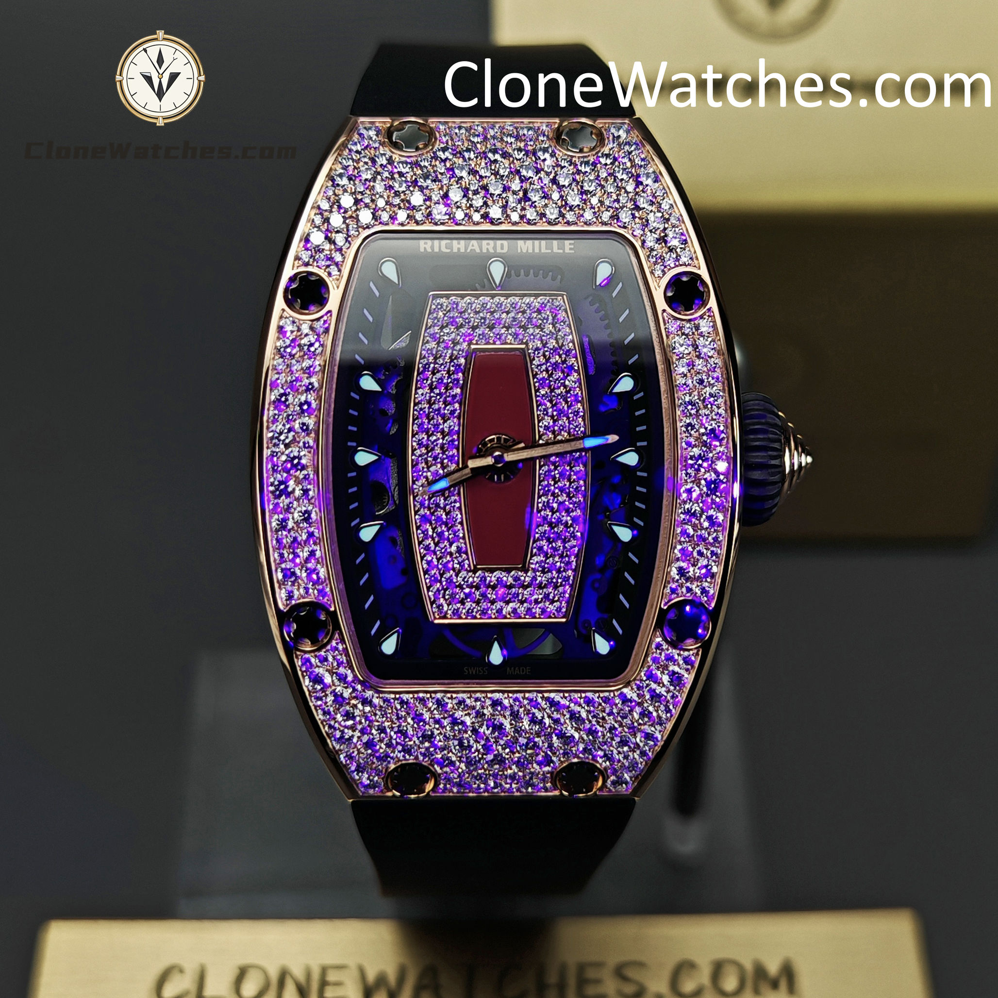 Richard Mille Super clone watches 1:1 RM 07-01Rose Gold Diamond dial Black strap