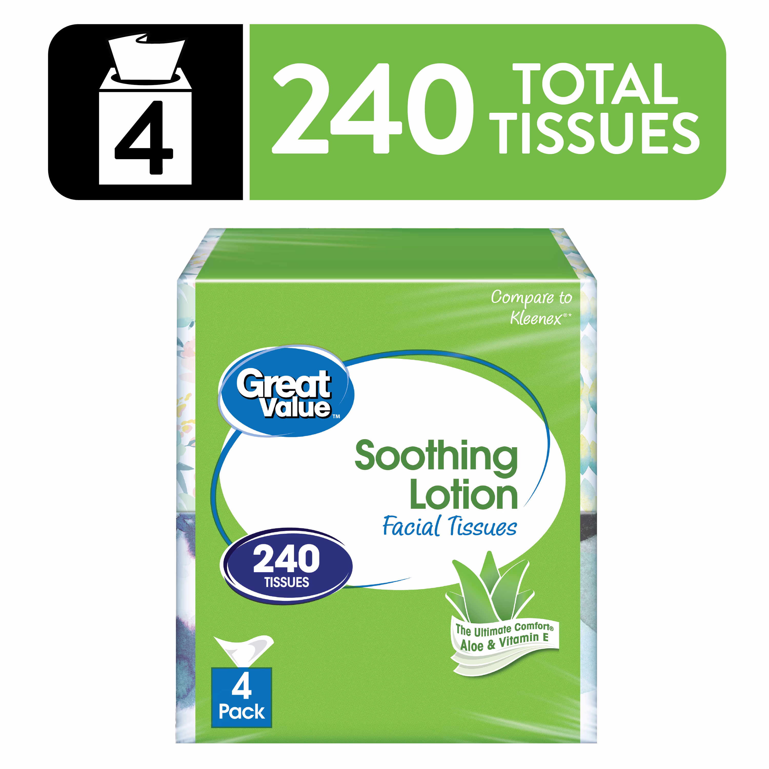 Great Value Soothing Lotion Facial Tissues, 1 Cube, 60 Tissues per Cube, 3-Ply, Compare to Kleenex®