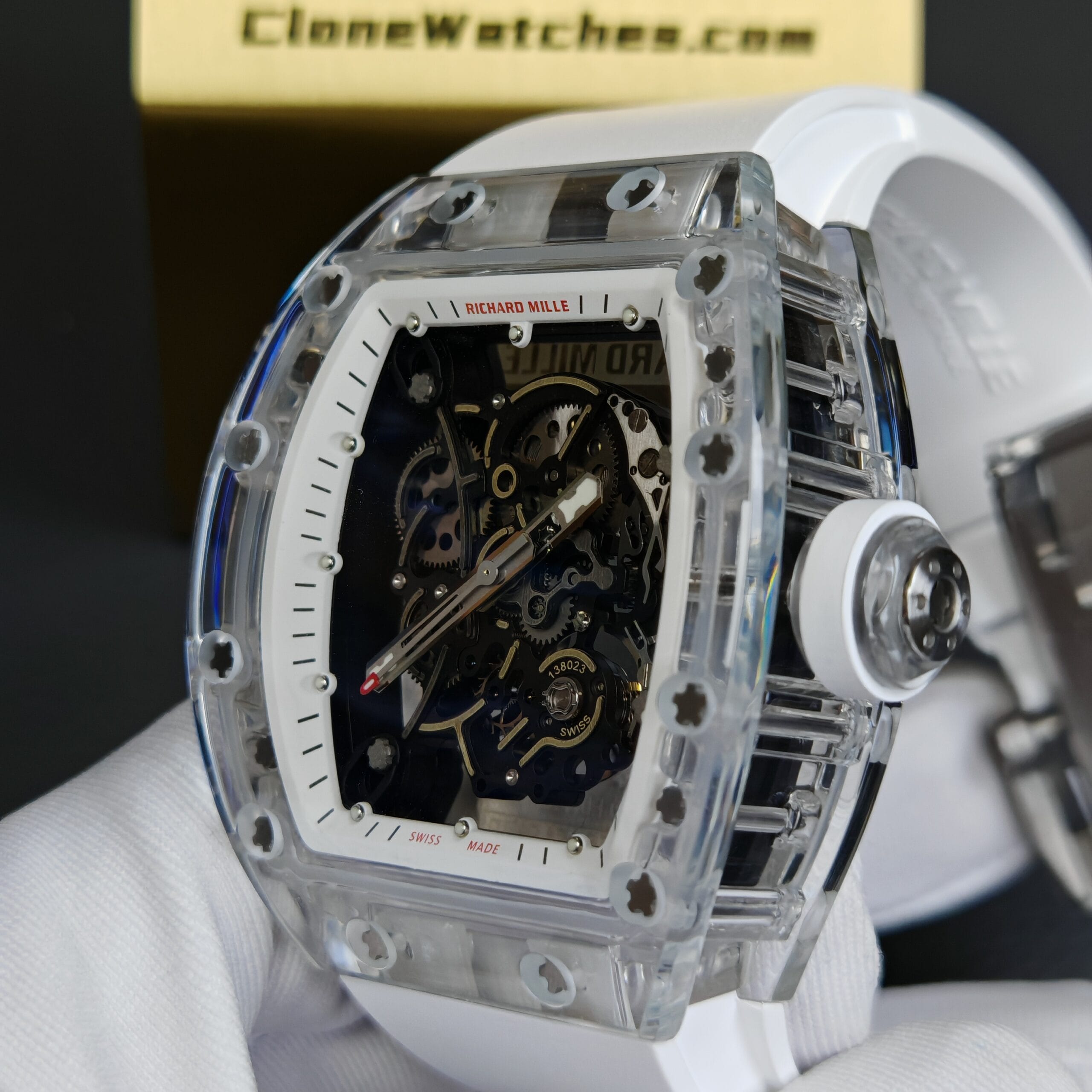 Richard Mille Super Clone Watches 1:1 RM 055 Full Transparent Tourbillon White Strap