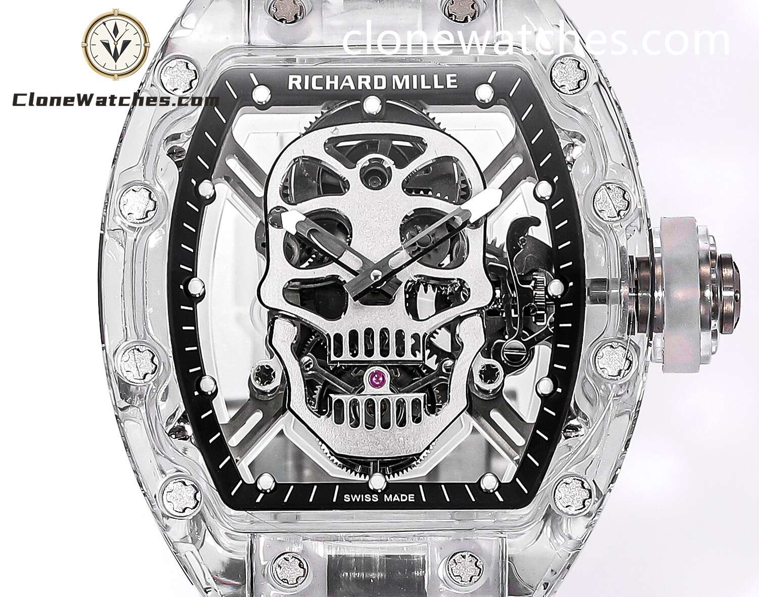 Richard Mille Super Clone Watches 1:1 RM 052 Full Transparent Tourbillon Skull White Strap