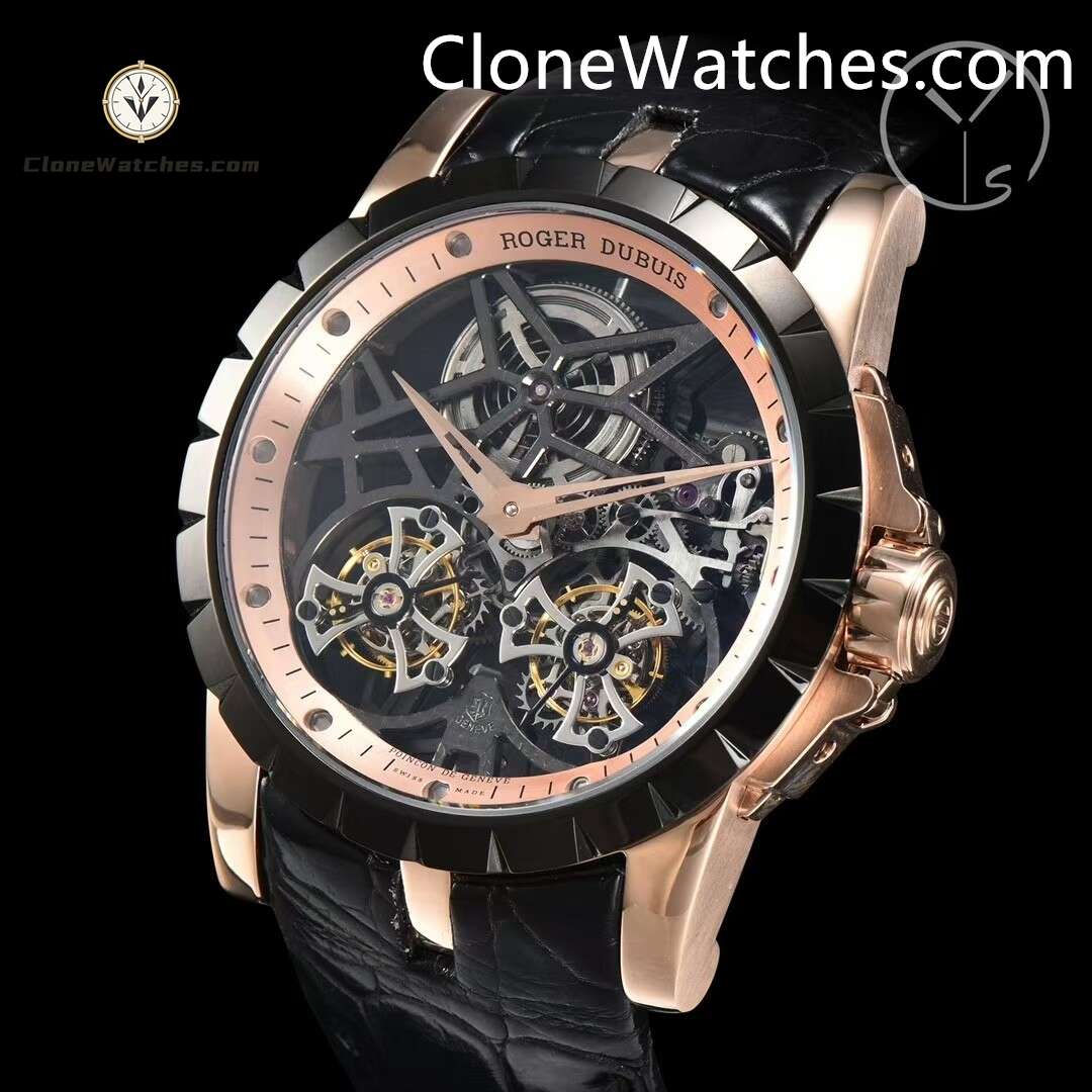 Roger Dubuis Super Clone Watches 1:1 Excalibur Rose Gold Skeleton Double Flying Tourbillon RDDBEX0397 45MM