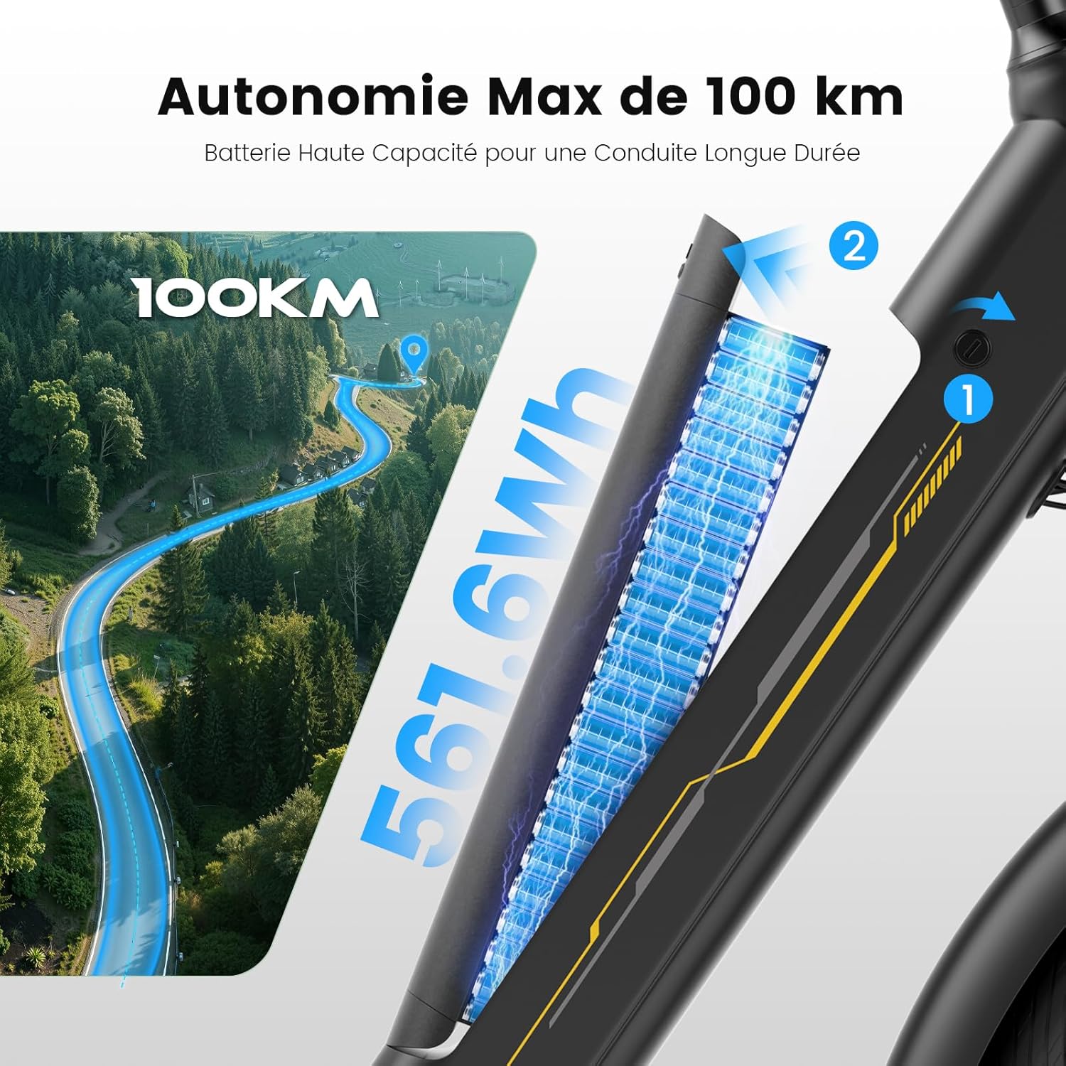 Vélo électrique 27,5 pouces moteur 250 W batterie 36 V 15,6 Ah autonomie 100 km 7 vitesses