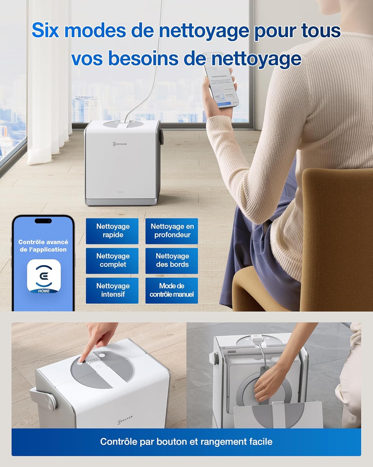 Robot nettoyeur vitres WINBOT W2 Pro Omni station multifonction recharge fonctionnement buse triple protection 12 niveaux