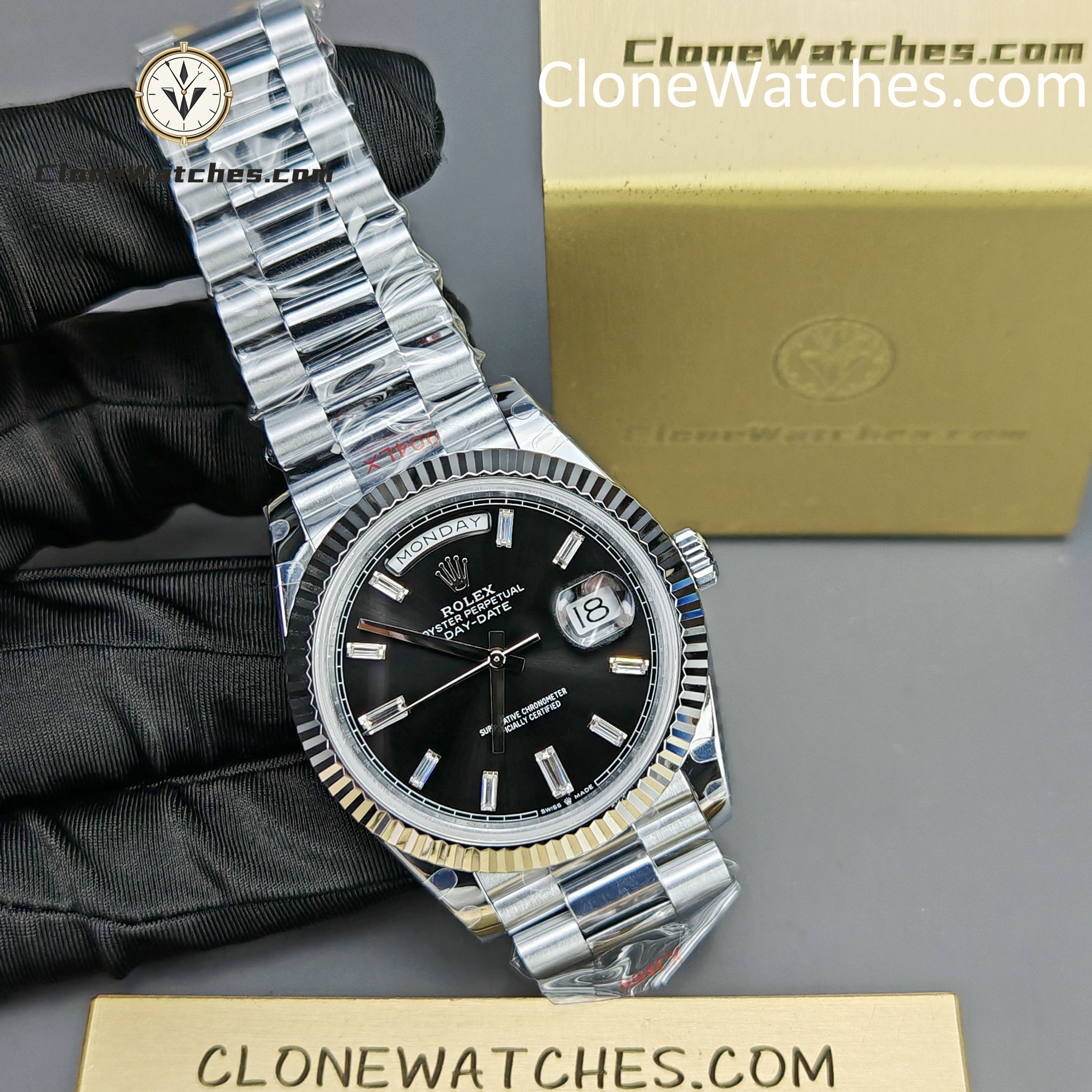 Rolex Super Clone Watches 1:1 Day Date Black Diamond Dial 40mm m228236-0004 3255 Movement