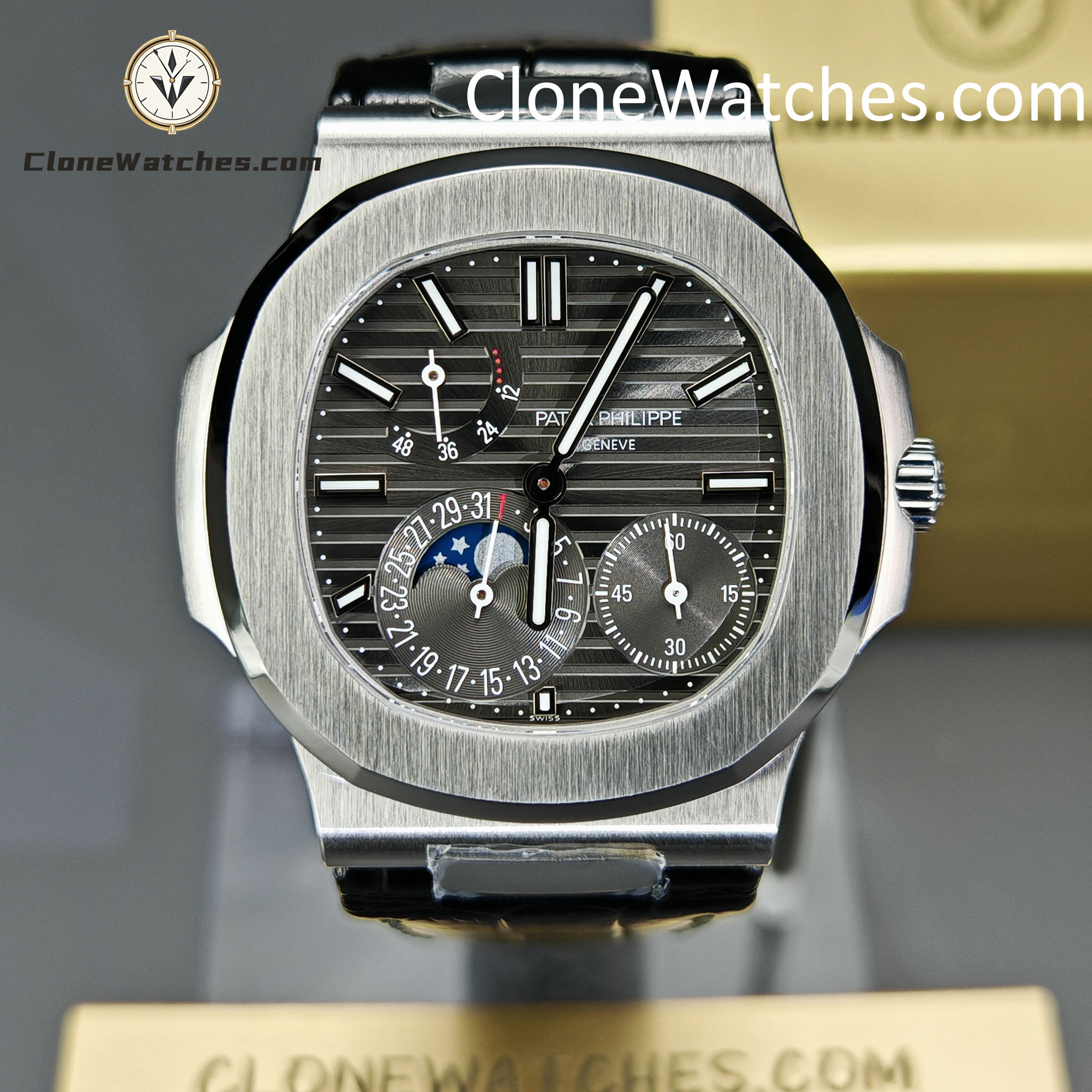 Patek Philippe Super Clone Watches 1:1 Nautilus 5712 Gray Dial Black Leather Strap
