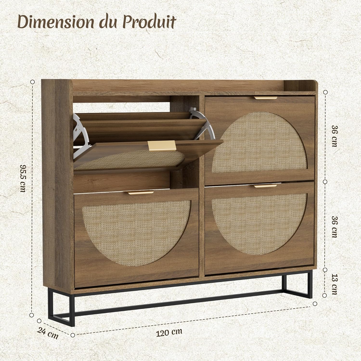 Meuble chaussures 4 portes étagères réglables 120x24x95 cm rotin
