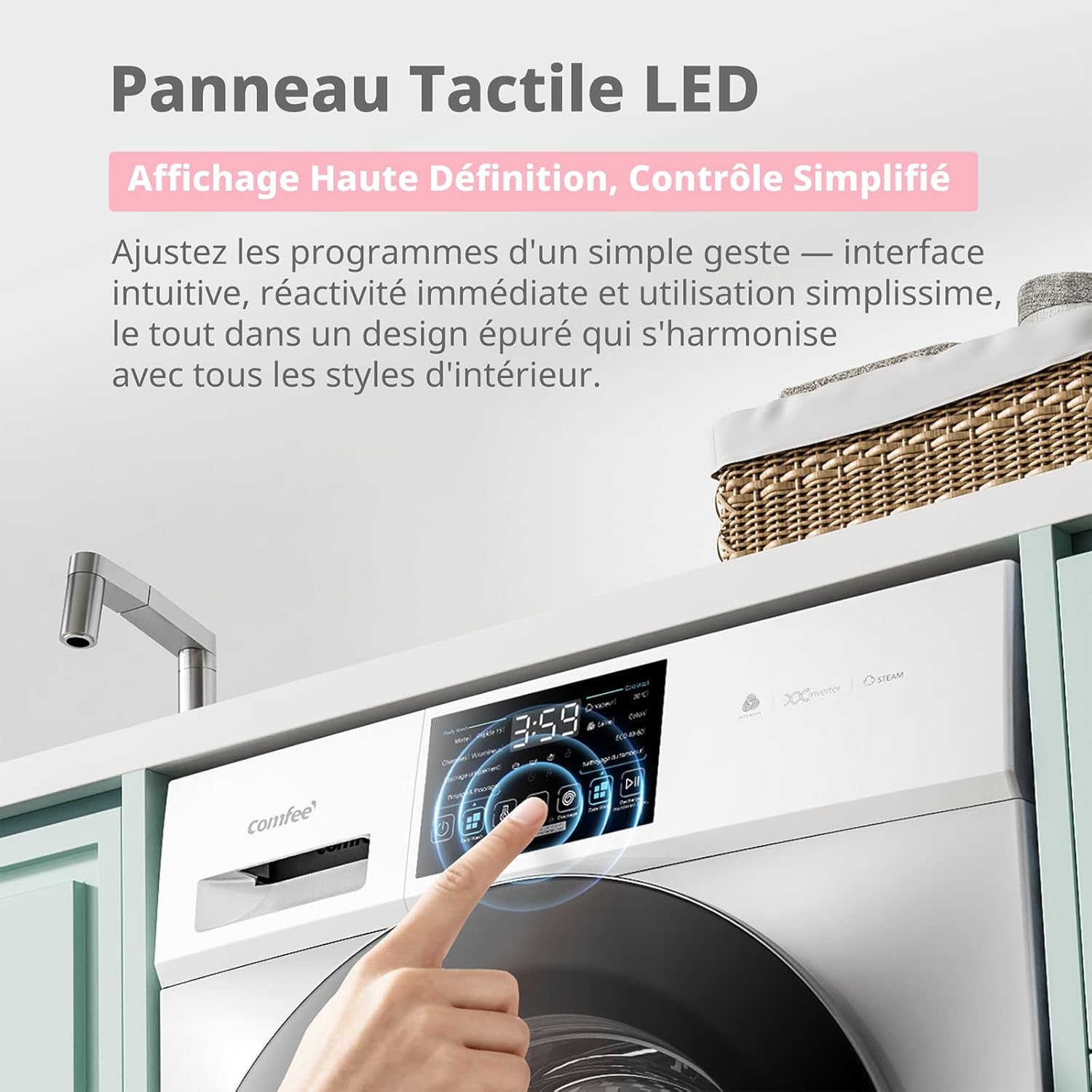 Lave linge autonome CFP03EW100W-FR 10 kg classe A-10% soin vapeur moteur BLDC Woolmark panneau tactile blanc