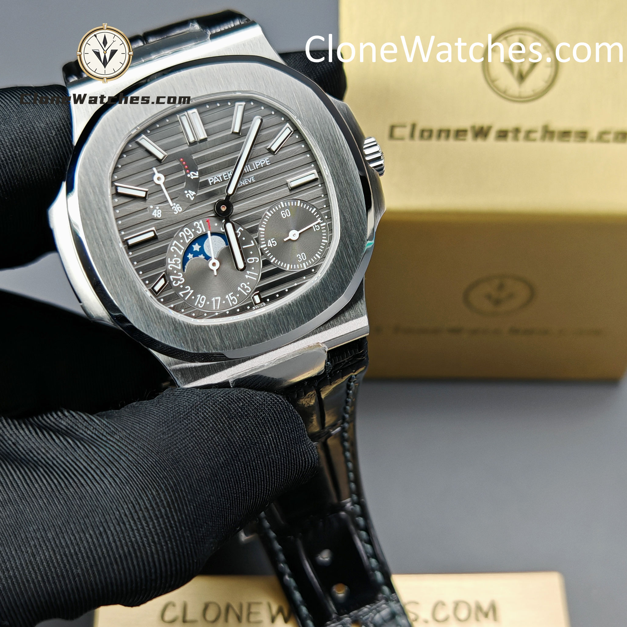 Patek Philippe Super Clone Watches 1:1 Nautilus 5712 Gray Dial Black Leather Strap