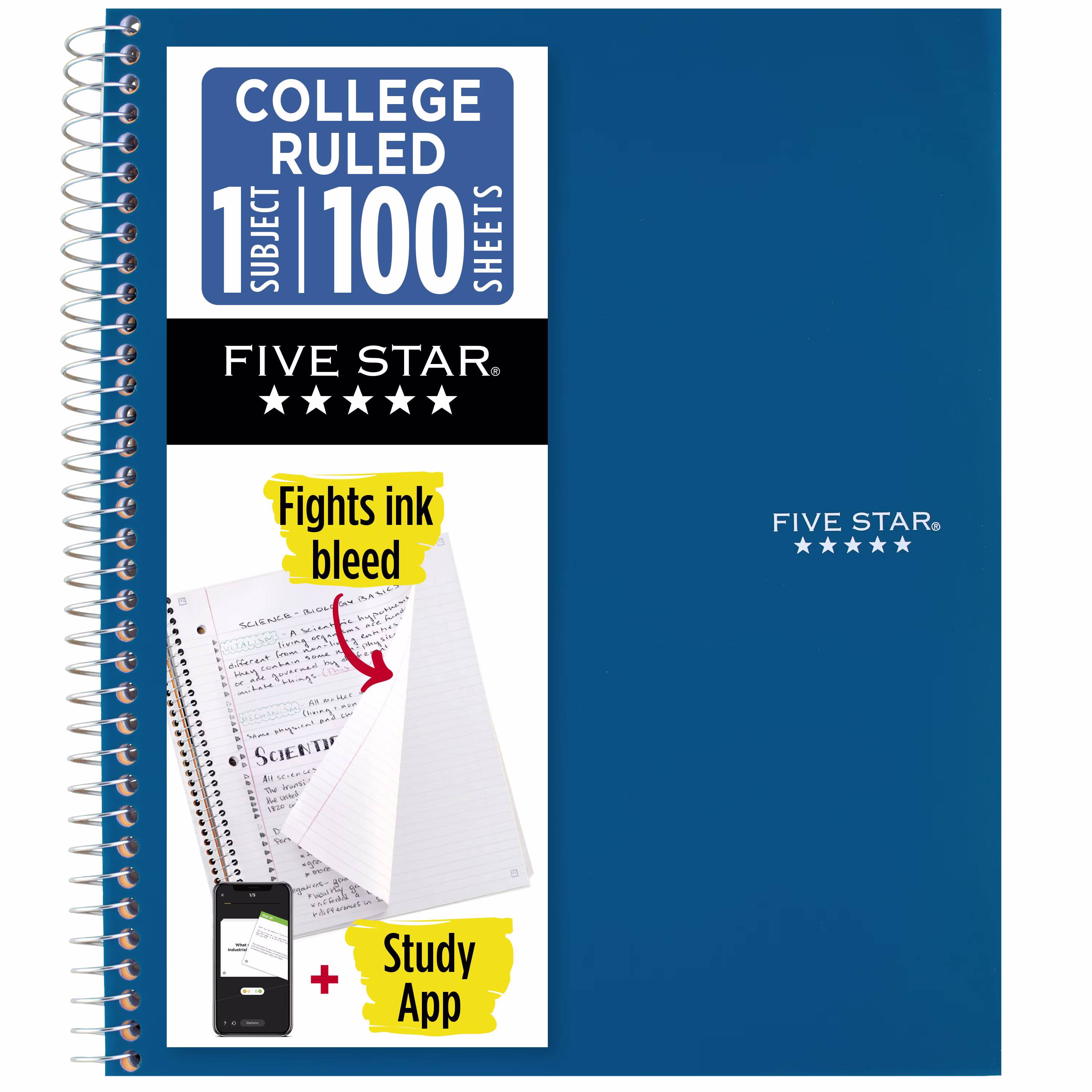 Five Star 1 Subject College Ruled Notebook Plus Study App, 8.5" x 11", Pacific Blue, Poly, Spiral, 100 Sheets