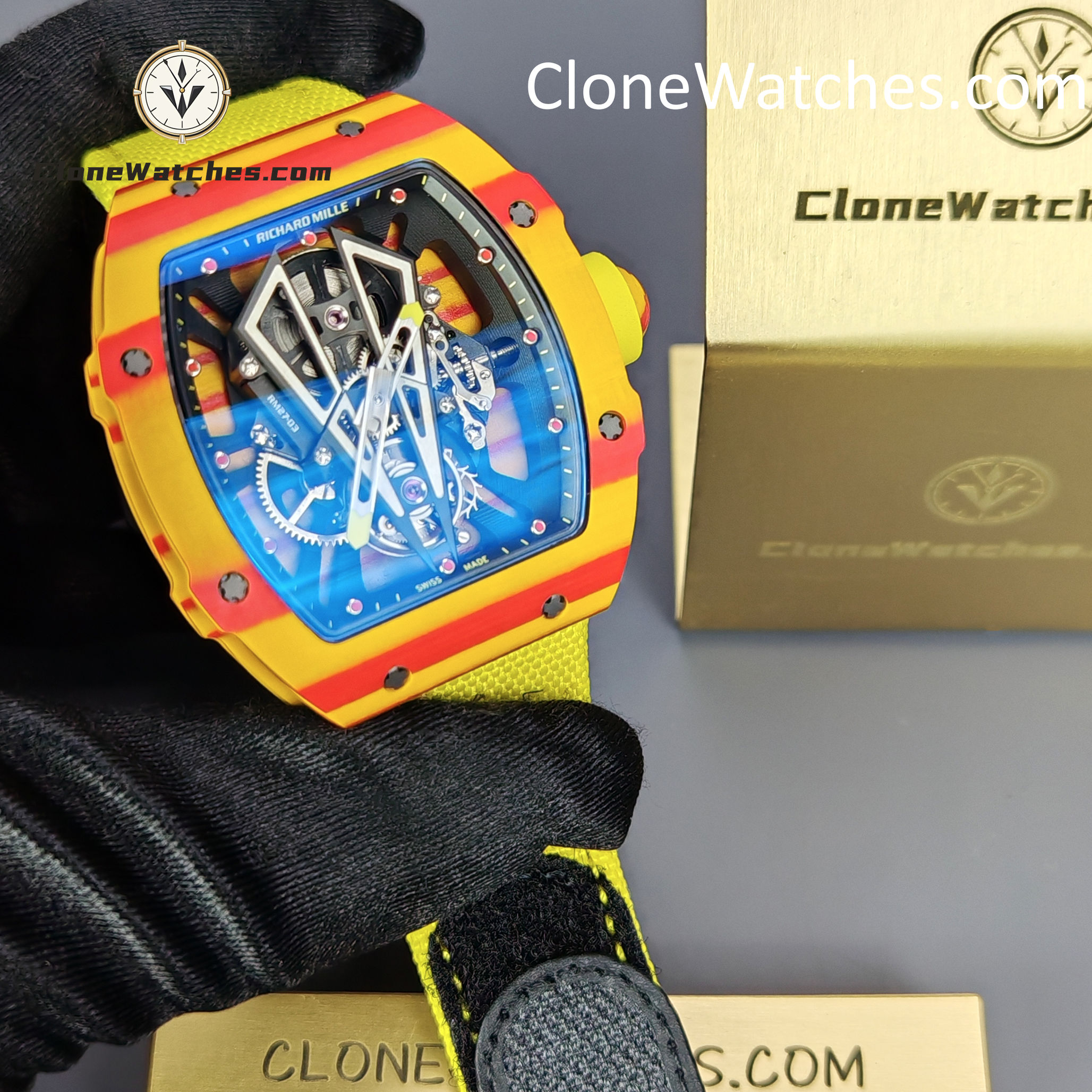 Richard Mille Super Clone Watches 1:1 RM 027 – 03 Tourbillon Rafael Nadal Yellow Strap
