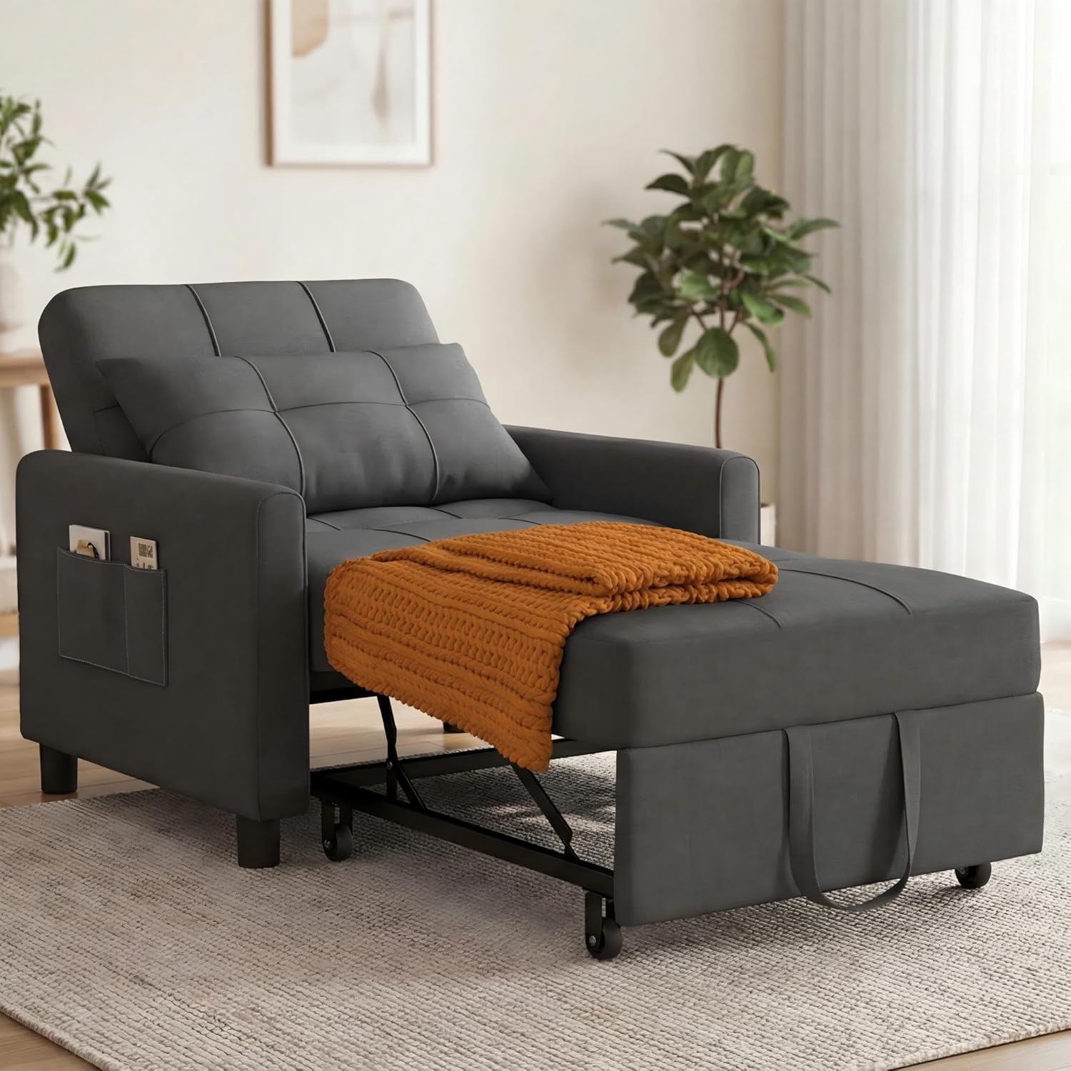 Fauteuil chauffeuse 1 place 3 en 1 convertible lit coussin sac gris foncé