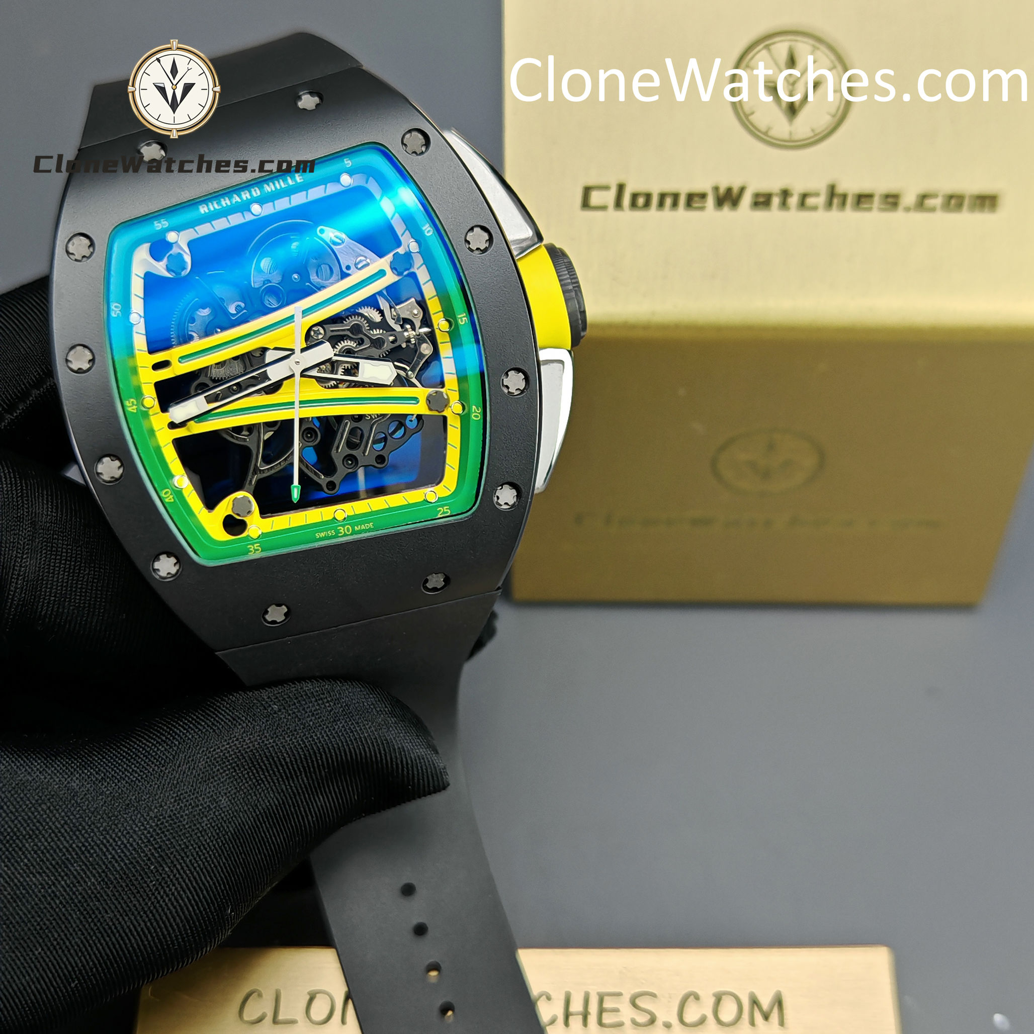 Richard Mille Super Clone Watches 1:1 RM 61-01 Black Tourbillon Black Strap