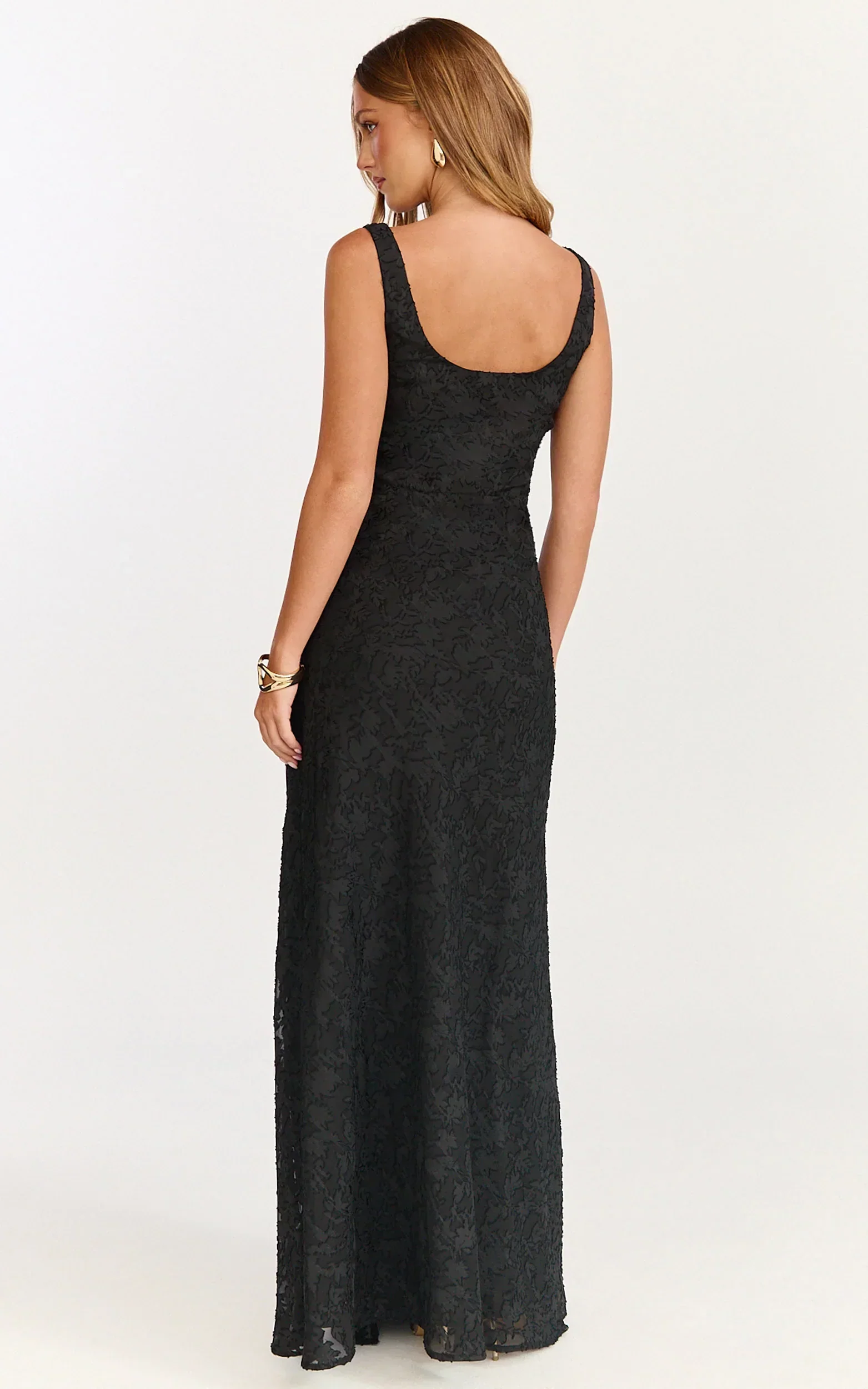 Rachel Maxi Dress - Cowl Neck Jacquard Front Split Dress in Black