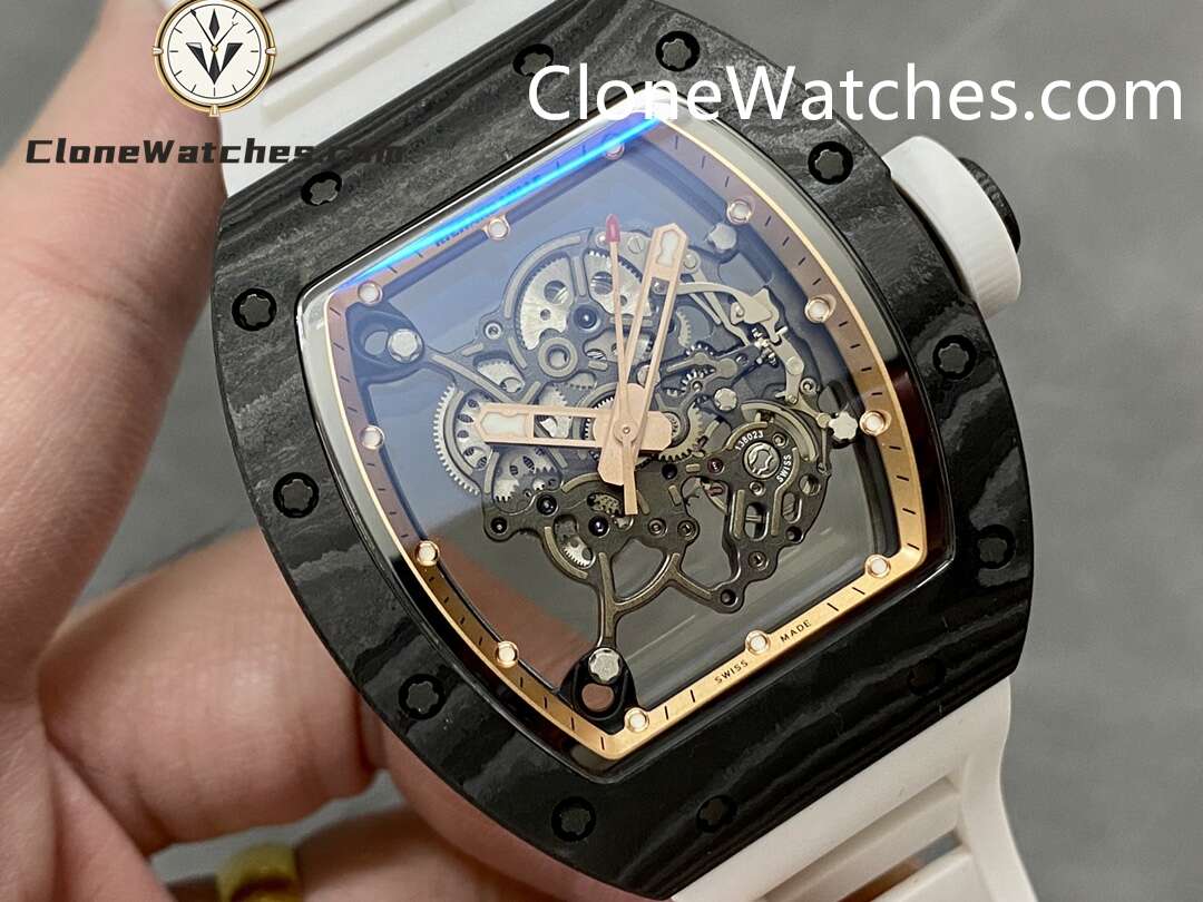 Richard Mille Super Clone Watches 1:1 RM 055 Gold Inner Bezel Carbon Tourbillon White Strap