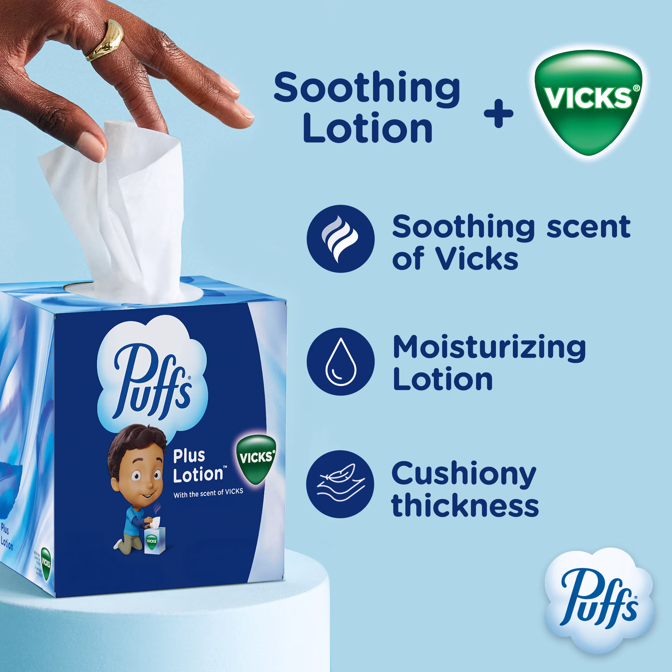 Puffs Facial Tissues Plus Lotion with the Scent of Vicks, 1 Cube Box, 48 Tissues Per Box