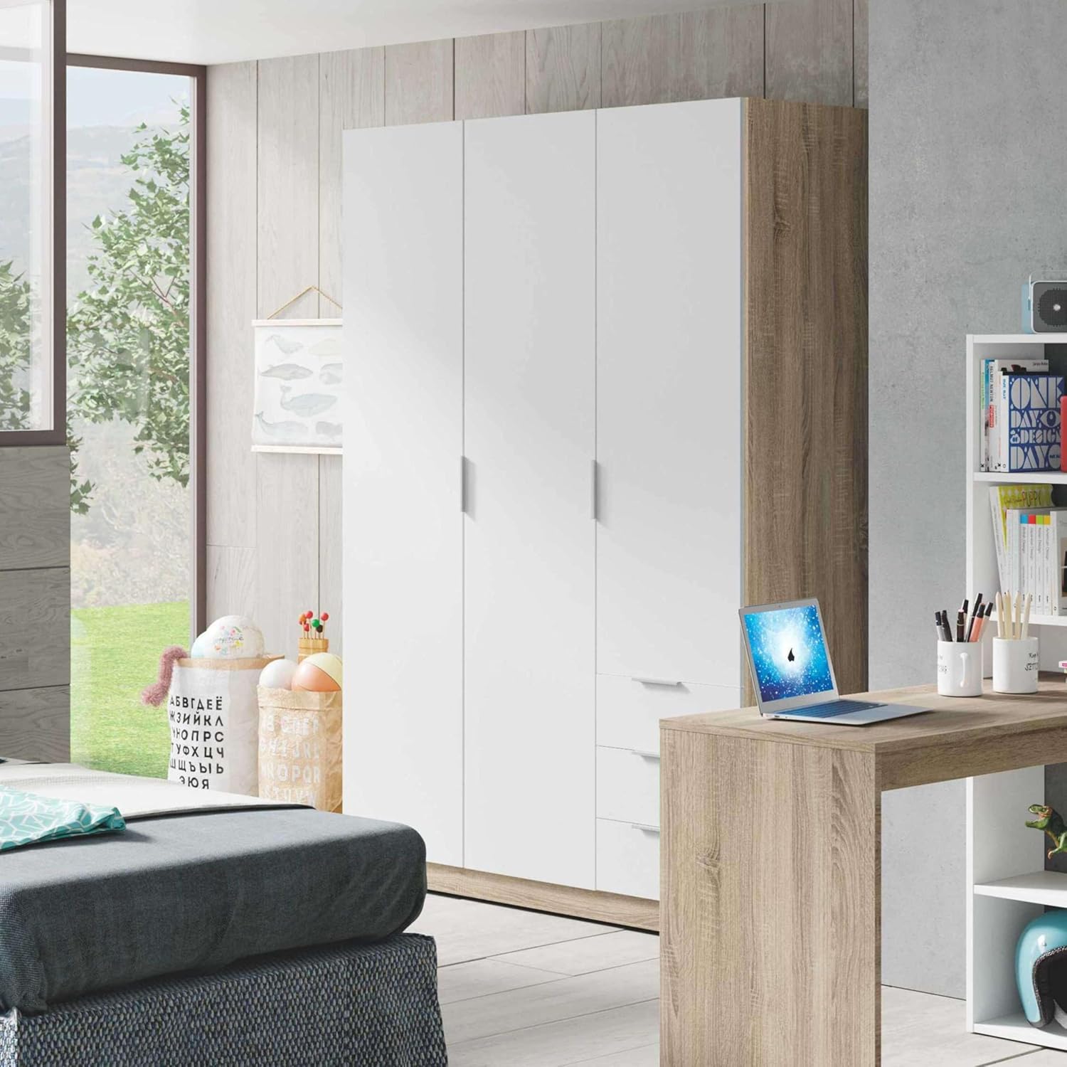 Armoire penderie 3 portes 3 tiroirs 121 x 180 x 52 cm chêne canadien blanc